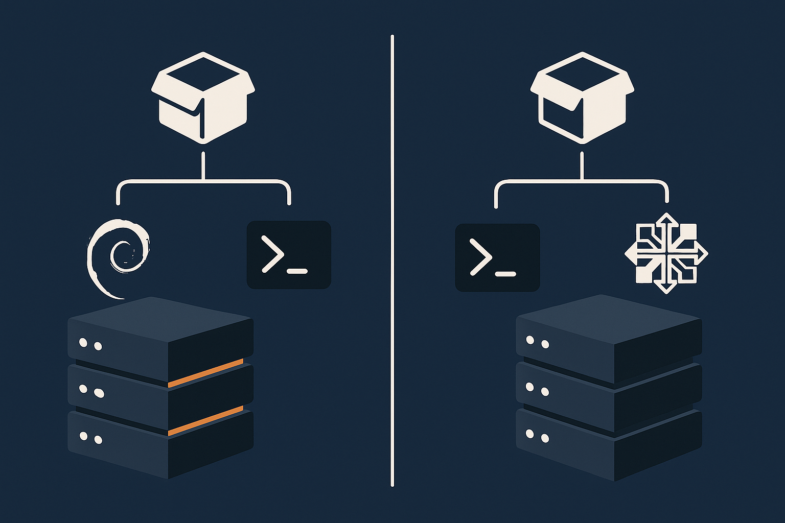 A side by side visual comparing Debian/Ubuntu style servers with CentOS/AlmaLinux/Rocky style servers, each labelled conceptually by its package manager family.