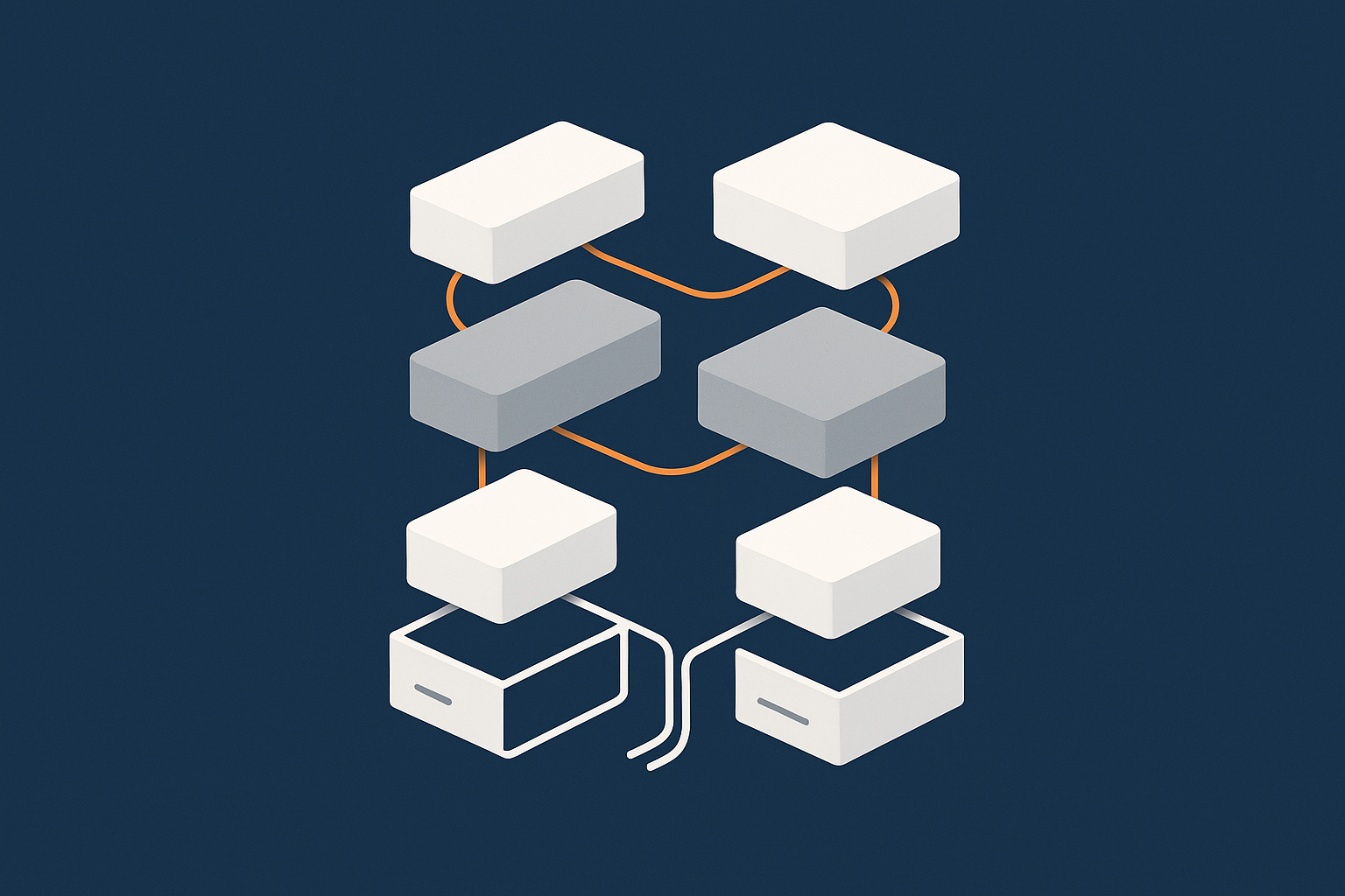 A layered diagram showing power and network at the bottom, hardware in the middle, and application components like web, PHP and database at the top, to illustrate how multiple layers of redundancy work together.