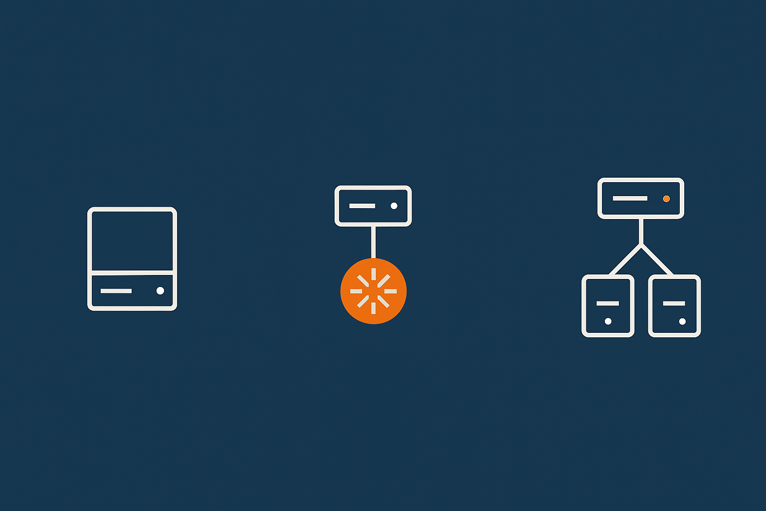 Three side‑by‑side simplified architectures showing: a single server, a server plus caching/acceleration, and a small load balanced cluster, to visualise how a business can step up availability over time.
