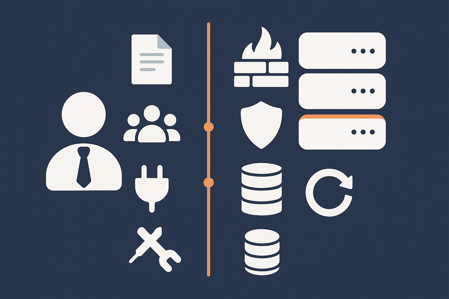 A split diagram showing responsibilities divided between the merchant (policies, staff, plugins, payment choices) and the hosting provider (infrastructure, firewall, monitoring, backups) to visualise how PCI duties are shared.
