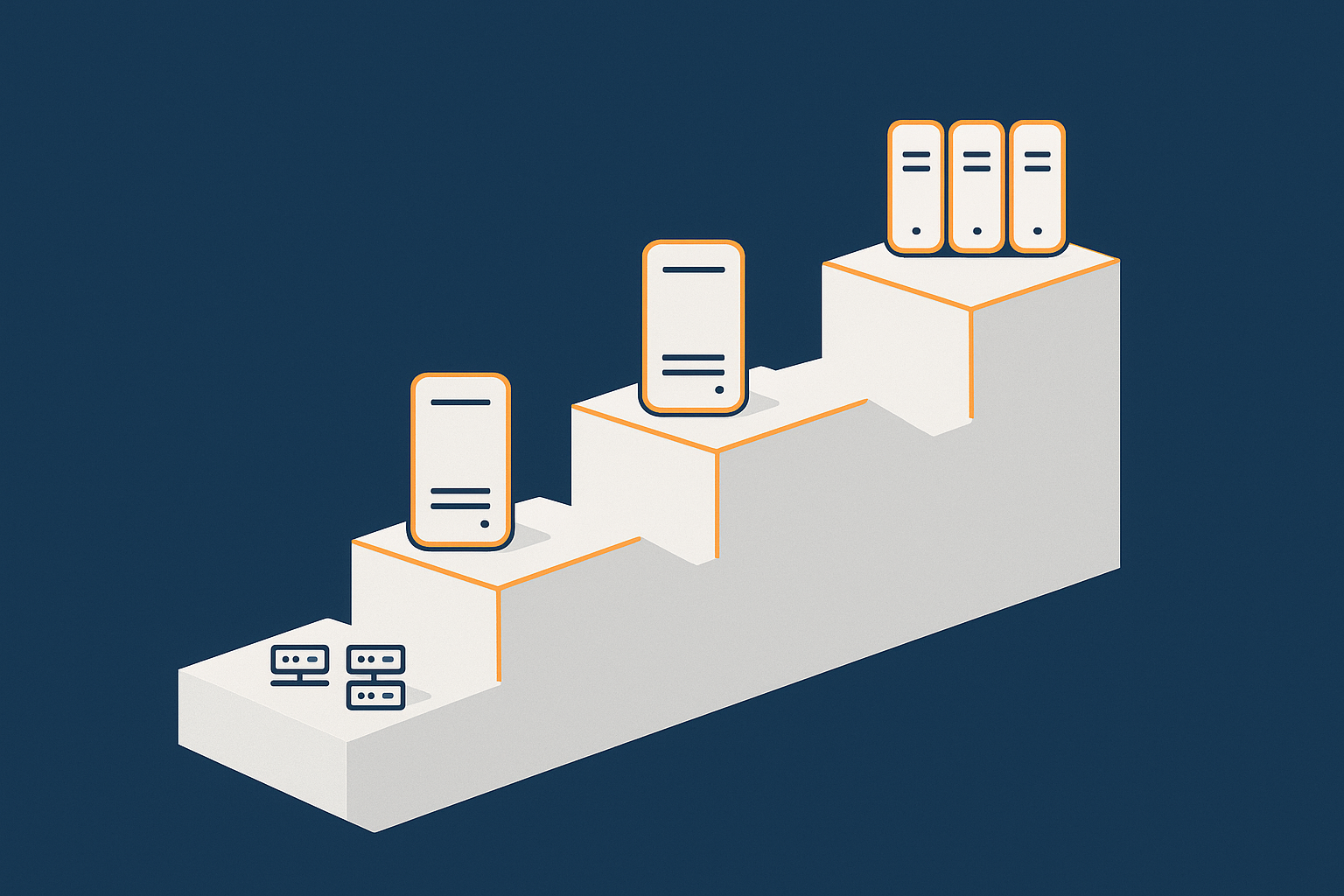A step-style visual showing a business’s hosting journey from shared hosting through VPS and VDS to dedicated / high availability, emphasising that not every business needs to reach the top step.