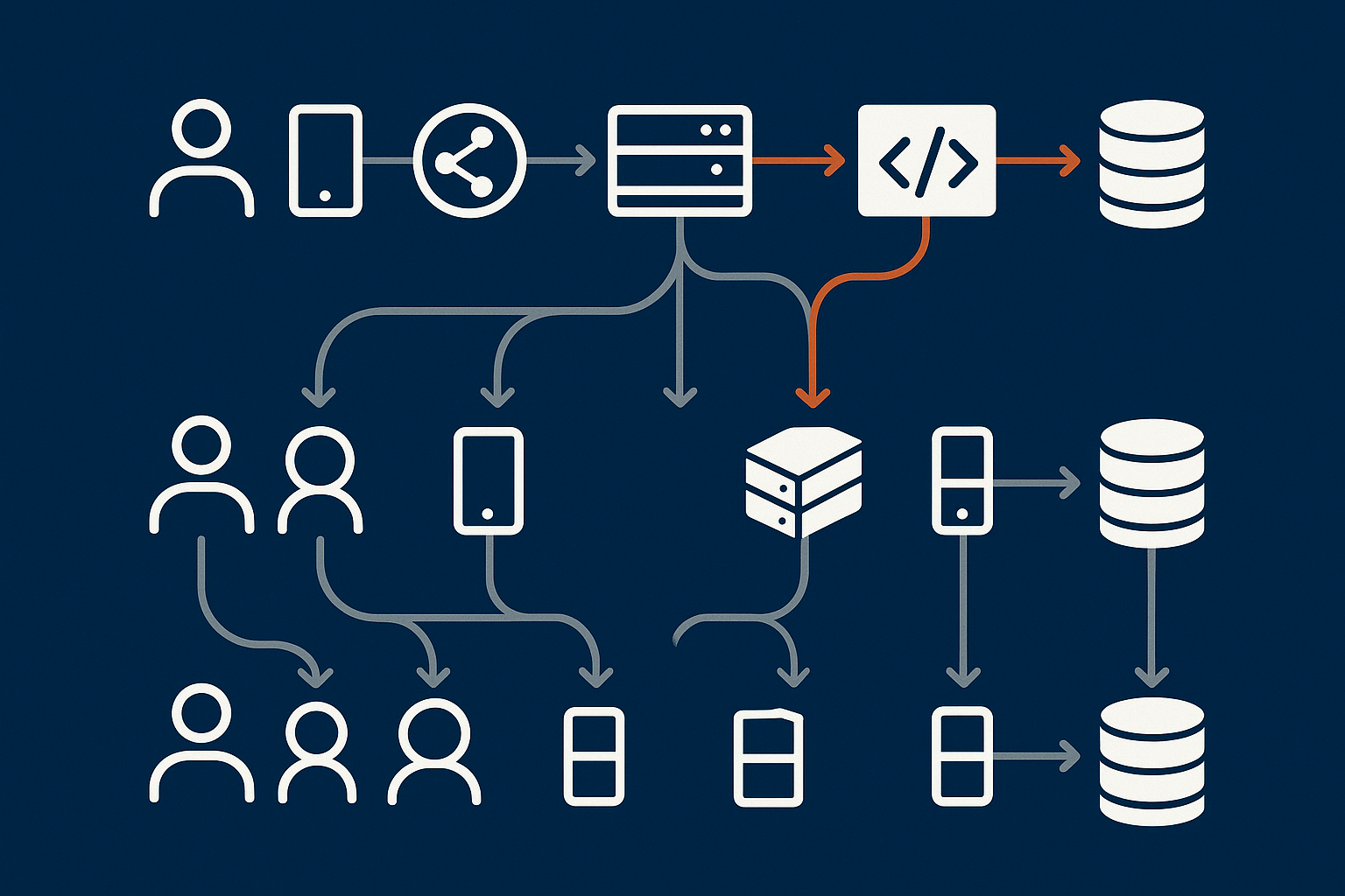 A high level request flow diagram showing how a visitor request passes through network, web server, PHP and database, with visual cues showing where shared resources can cause contention in shared hosting compared to more isolated VPS/VDS setups.