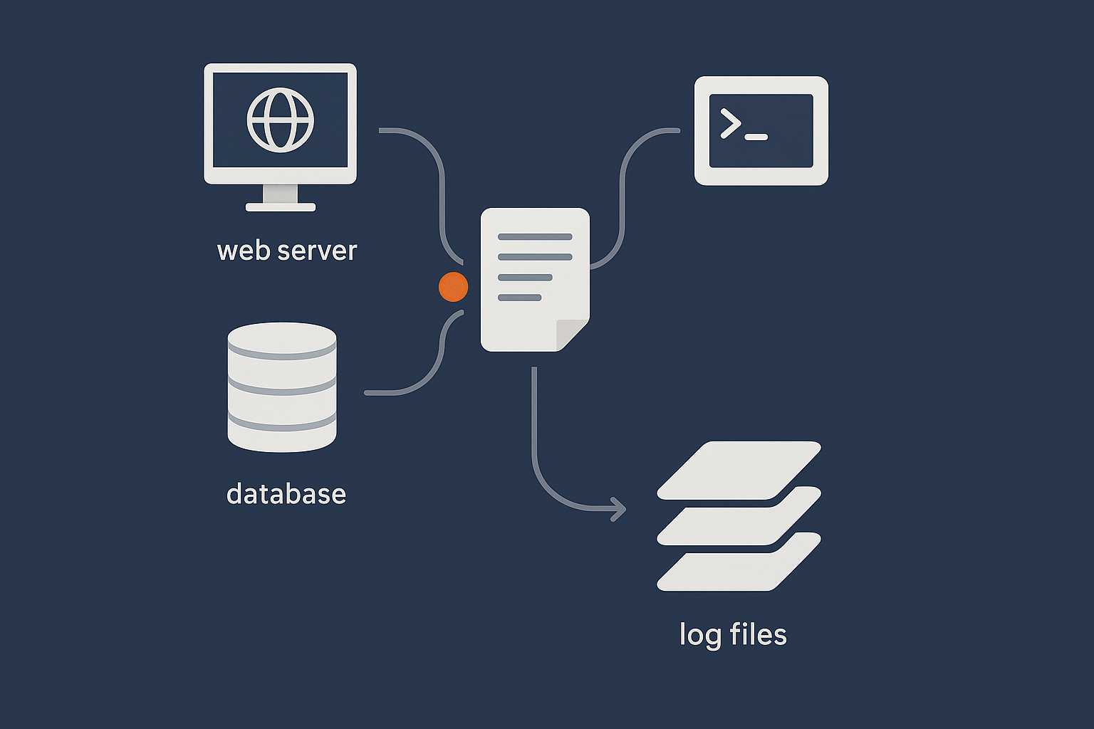 A simple diagram showing logs flowing from services like sshd, nginx and php-fpm into rsyslog / systemd-journald, then into /var/log text files, so readers can visualise the logging pipeline.
