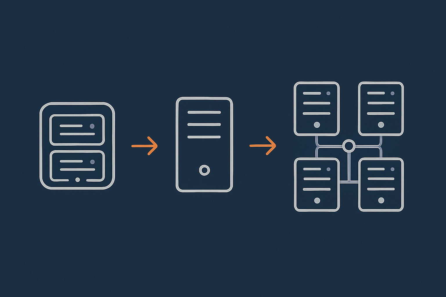 A high‑level journey style graphic showing a progression from shared hosting through a VDS to a simple multi‑server architecture, to make the path feel concrete and achievable.