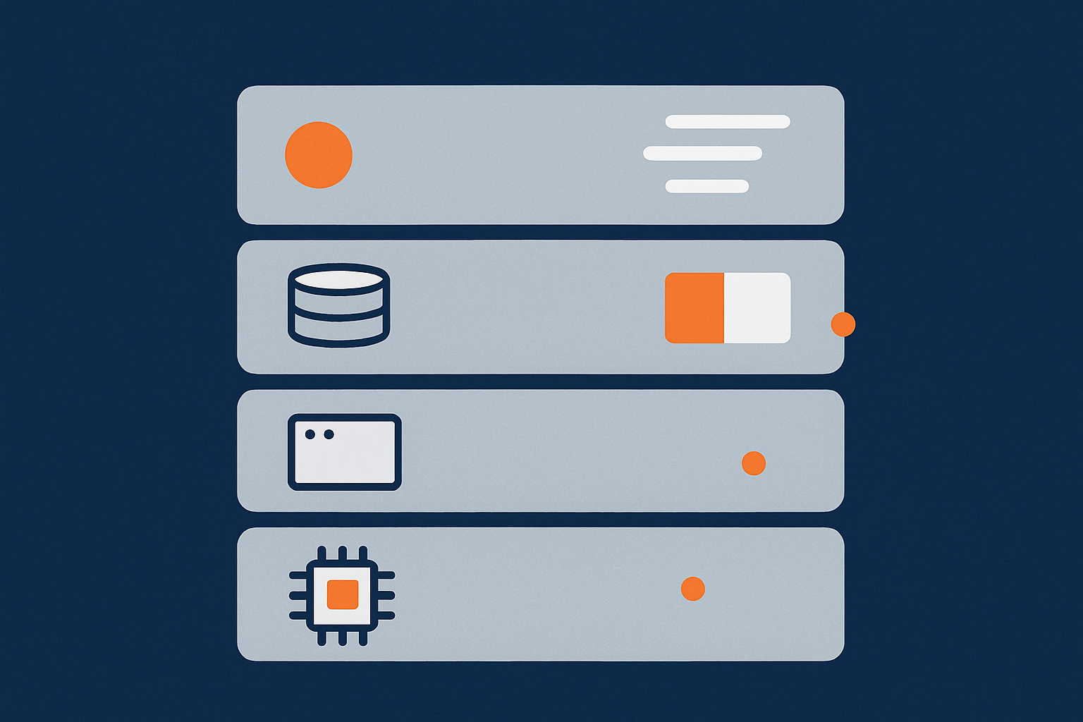 Layered stack illustration showing infrastructure at the bottom (CPU, RAM, disk), then operating system and web server, then application and database, then traffic and bots at the top, to reinforce that bottlenecks exist at several levels.
