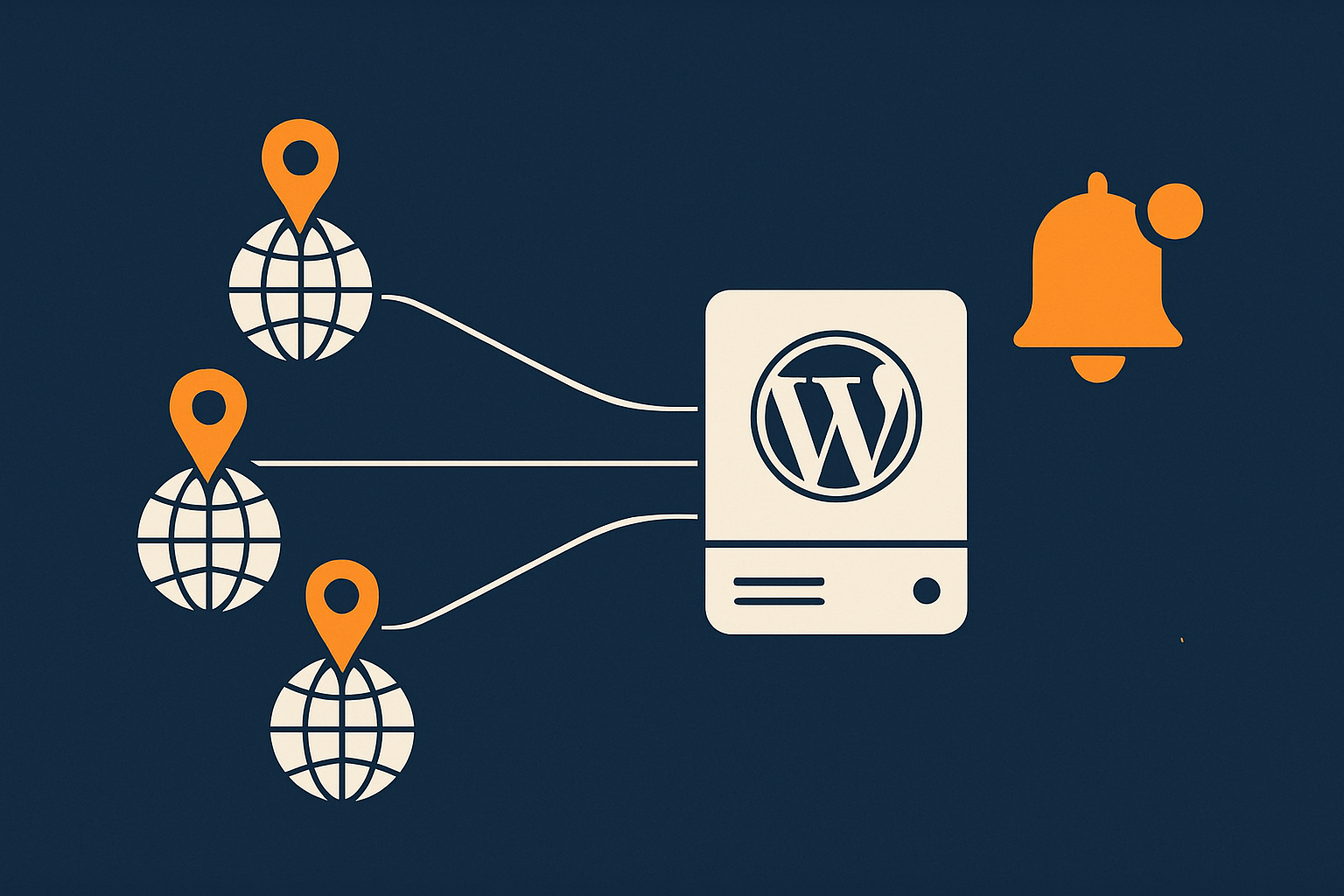 Diagram of how an external uptime monitoring service checks a WordPress site from multiple locations and triggers alerts when it cannot reach the site.