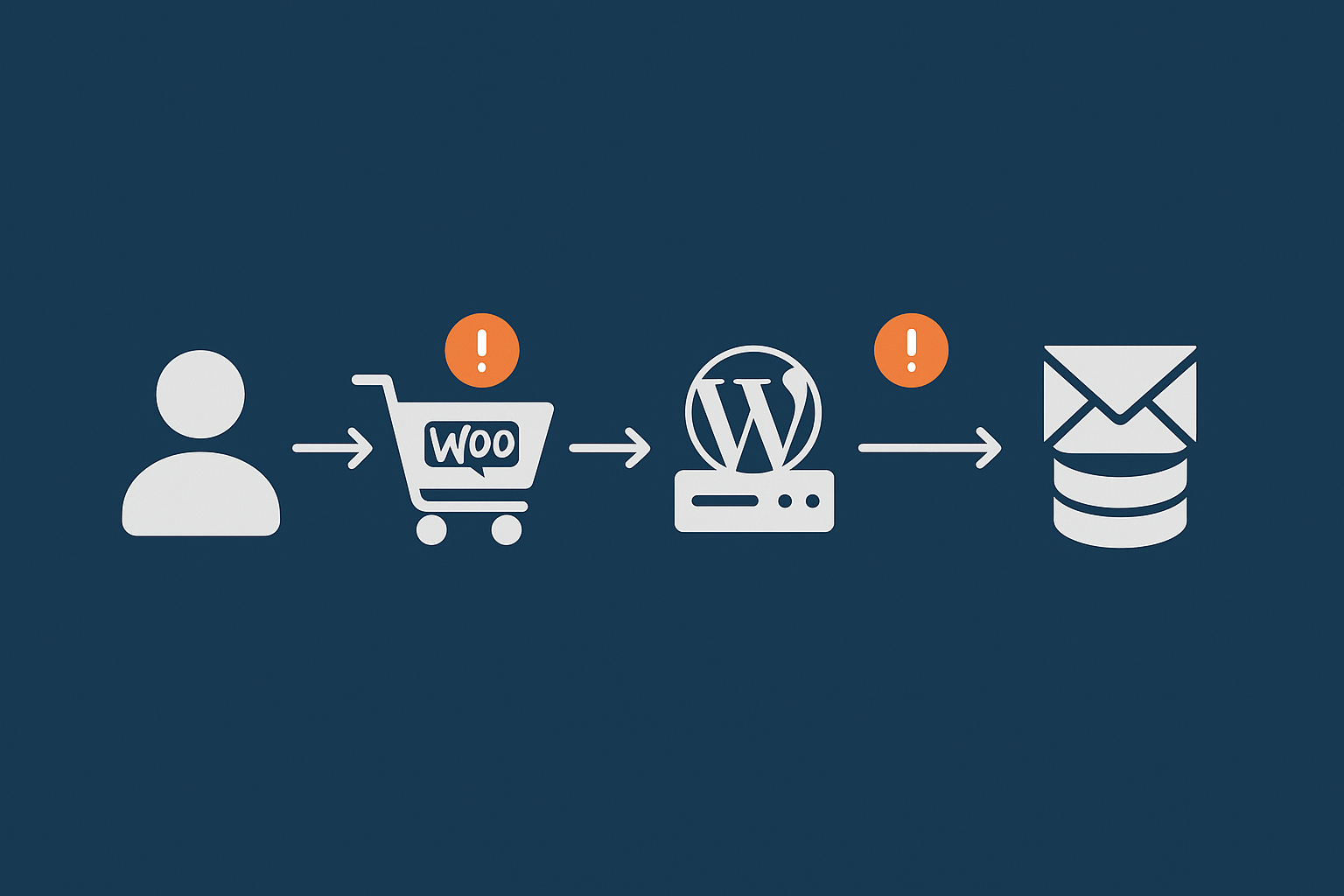 A simple flow diagram showing a customer placing an order, WooCommerce generating an email, WordPress using PHP mail, then sending to the recipient mail server, with potential failure points highlighted conceptually.