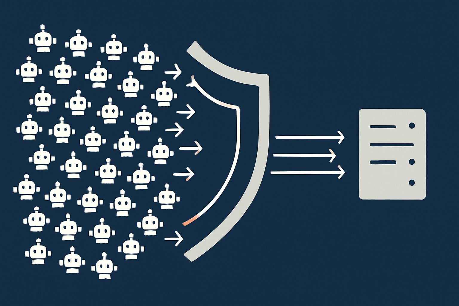 Visual concept of many chaotic bot requests being filtered at the network edge so only a smaller stream of legitimate traffic reaches the WooCommerce server.