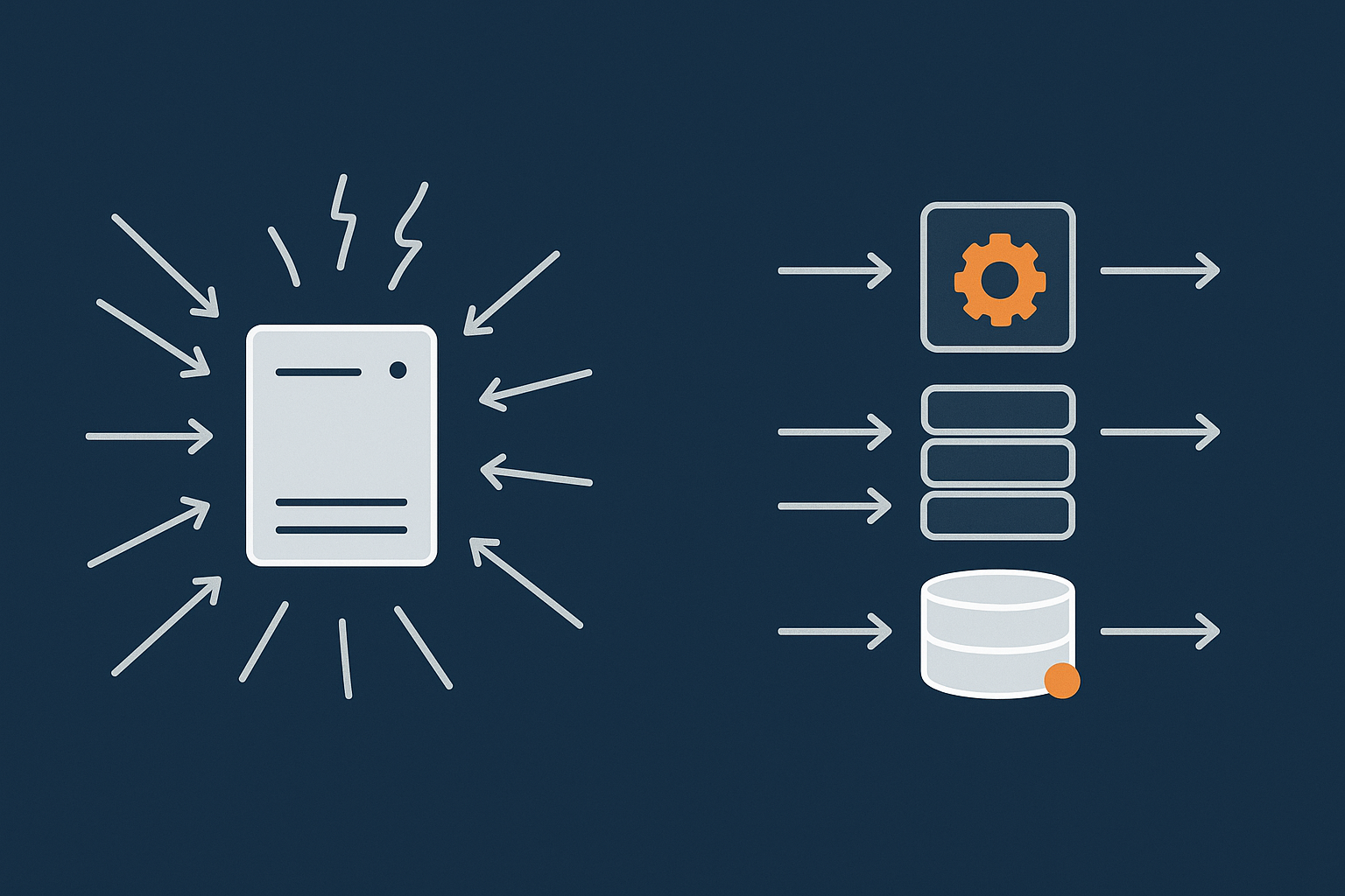 Side‑by‑side abstract illustration of a single large server straining under load versus a layered, cached architecture handling the same traffic smoothly.