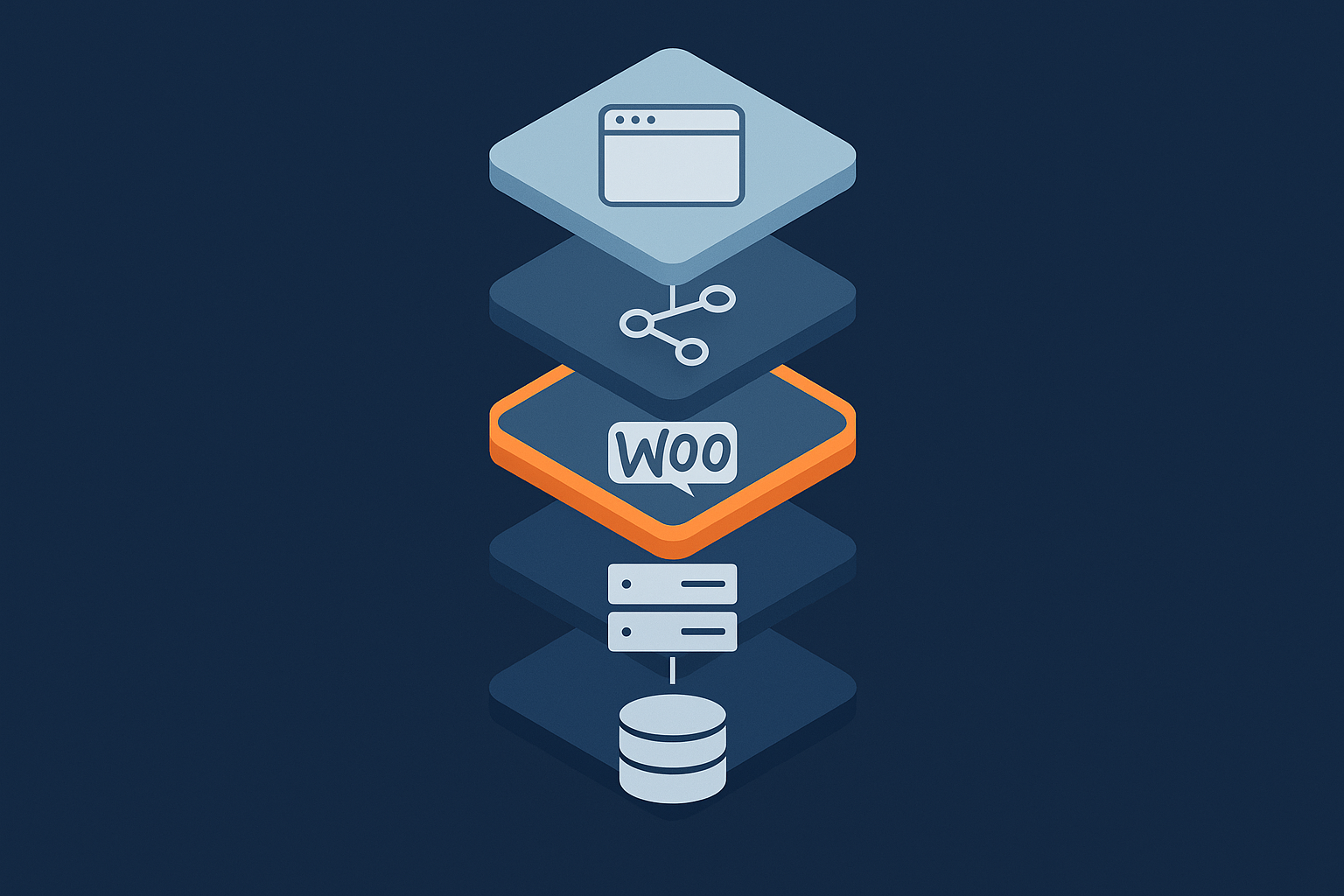 A layered illustration of a WooCommerce stack (visitor, browser, edge network, web server, database, backups) to help readers understand what they are maintaining.
