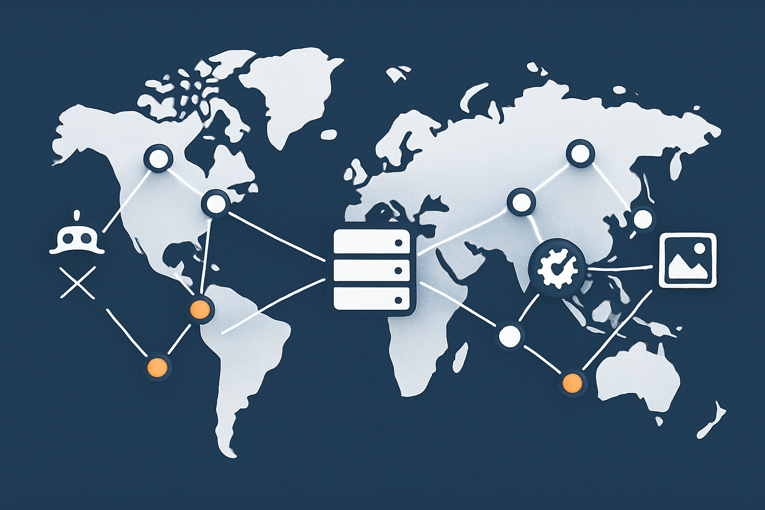 Conceptual diagram of a global network edge filtering bad bots and optimising images before traffic reaches the origin server, to illustrate how an acceleration network improves both performance and stability.
