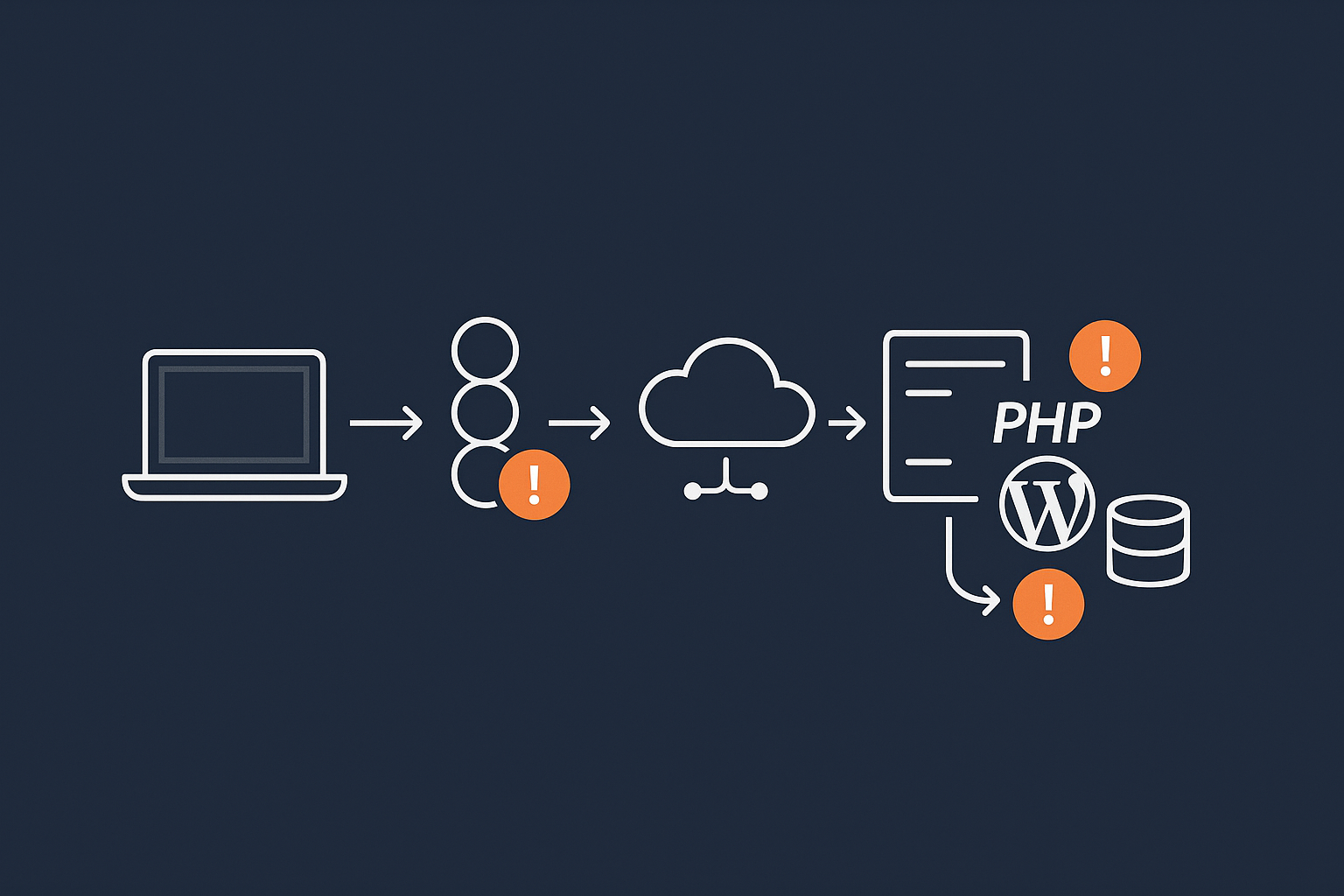 A simple flow diagram showing a visitor request moving through DNS, the G7 Acceleration Network or CDN, the web server, PHP/WordPress and the database, with callouts for where delays usually occur (TTFB, page weight). This helps non‑technical readers visualise where speed problems can sit.