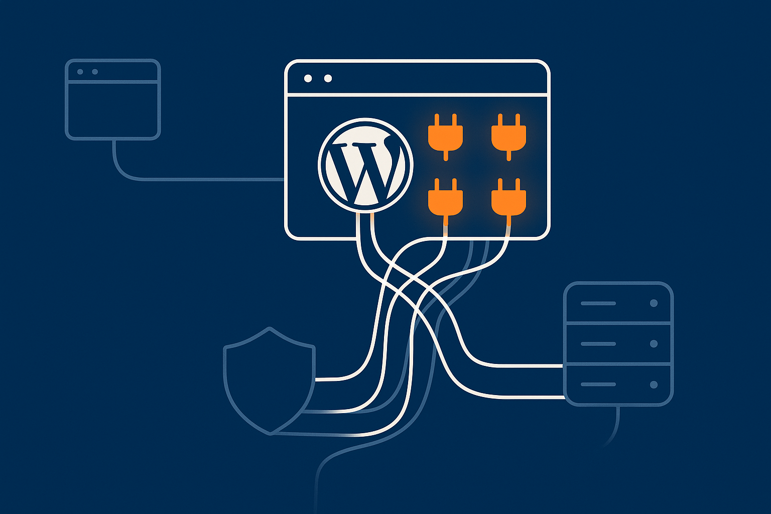 A simple diagram showing how excessive or heavy plugins sit inside the WordPress stack and lead to slow pages, high CPU and security risk.