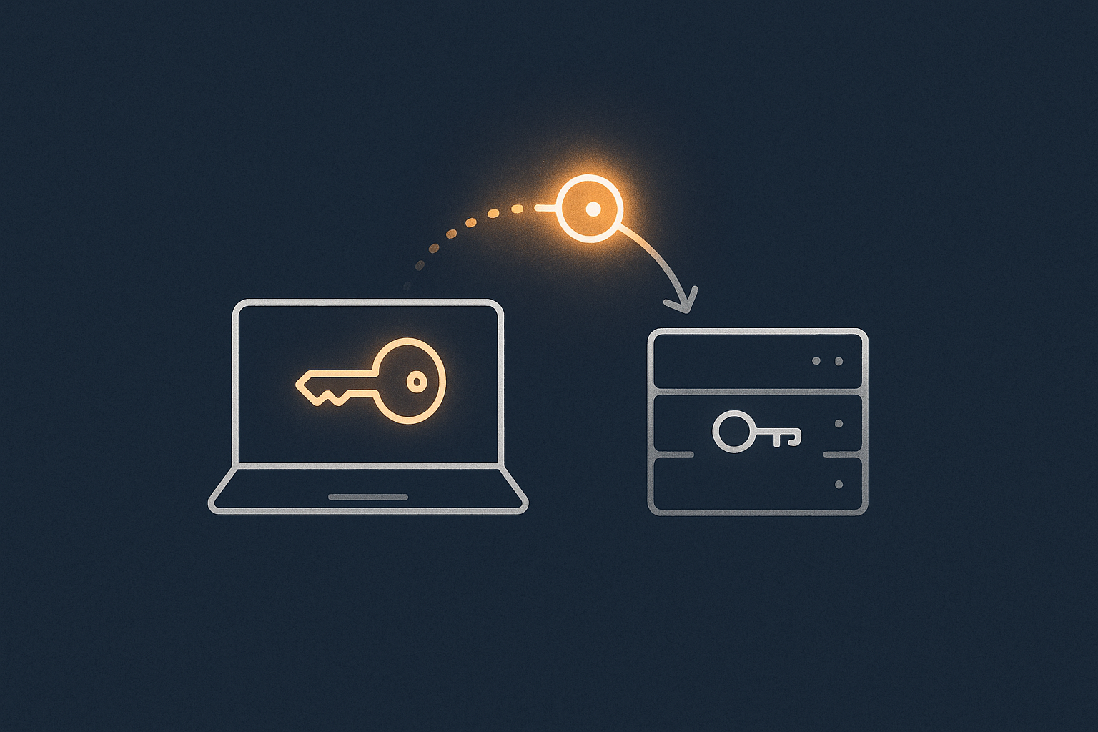 A visual metaphor of an SSH key pair, with a private key staying on the laptop and the public key copied to the server, to help beginners grasp the idea of key‑based login.