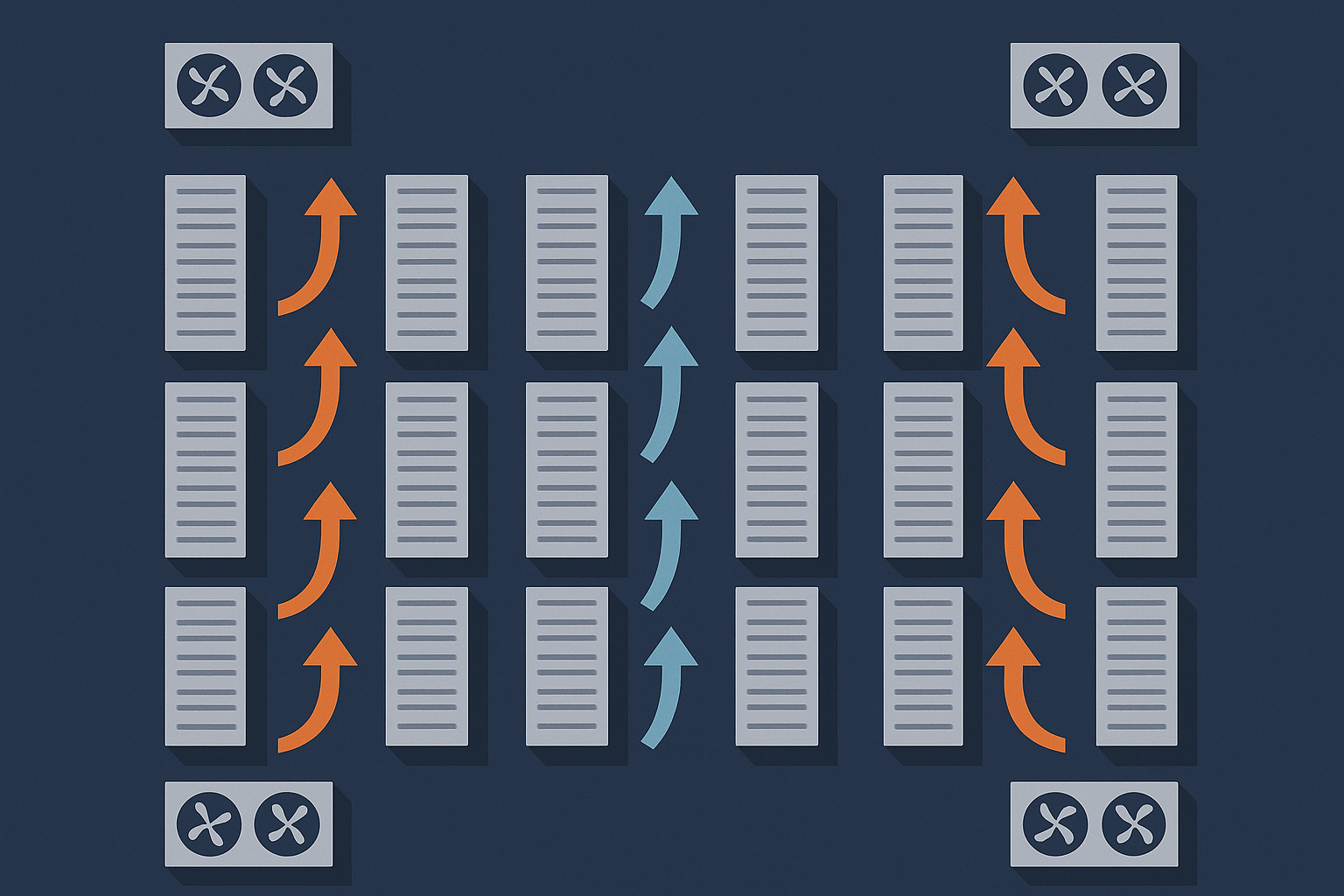 Top down abstract view of a data hall with racks arranged in rows, clear hot and cold aisles, and multiple cooling units, to help readers picture how airflow and redundant cooling work.