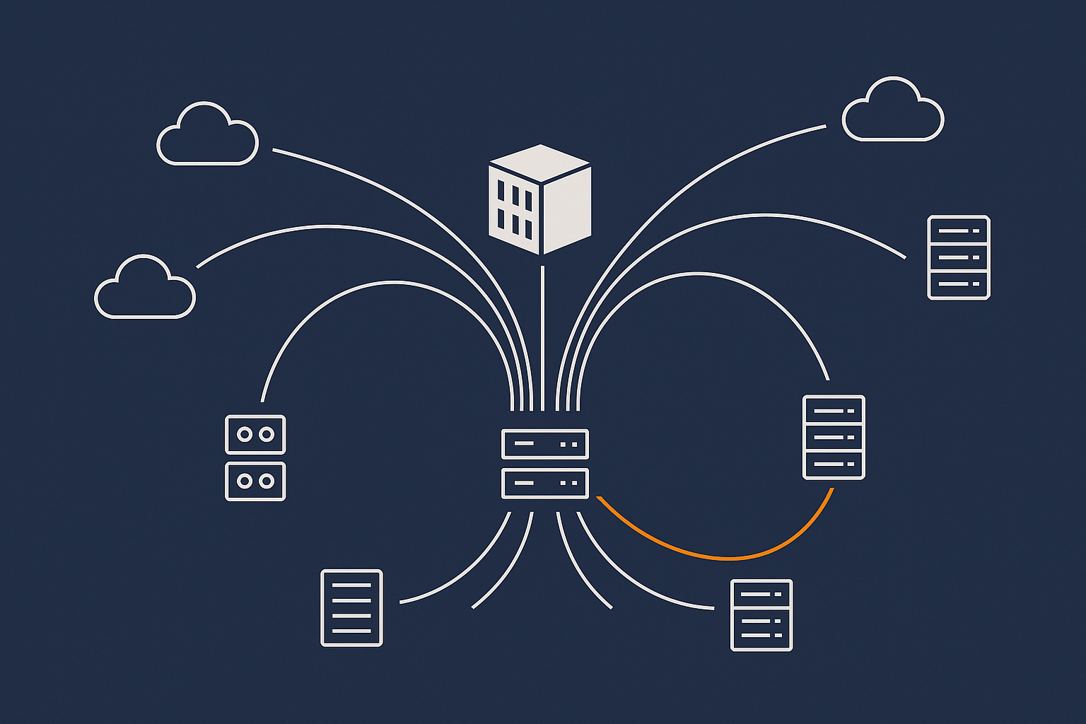 A conceptual network map showing a data centre connected to multiple internet carriers with diverse paths, and internal redundant core switches feeding multiple racks.