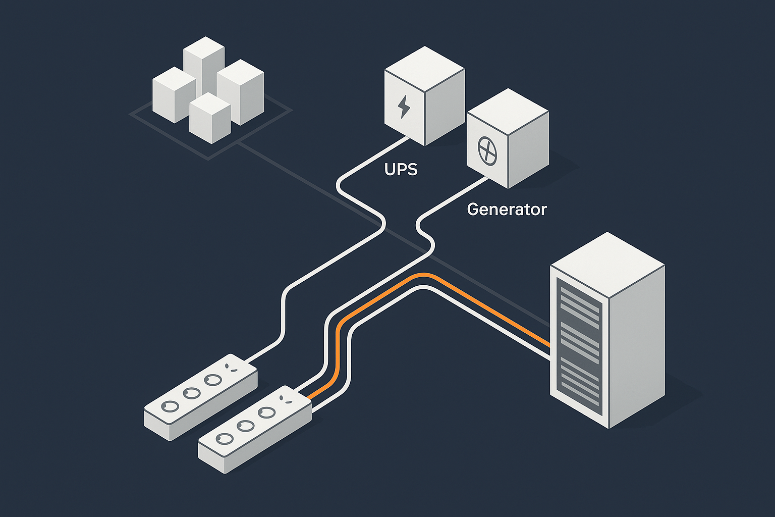 A simple flow style diagram showing dual power feeds from the grid into UPS units and generators, then into dual power distribution units feeding a rack of servers, illustrating how one path can fail without taking the servers down.