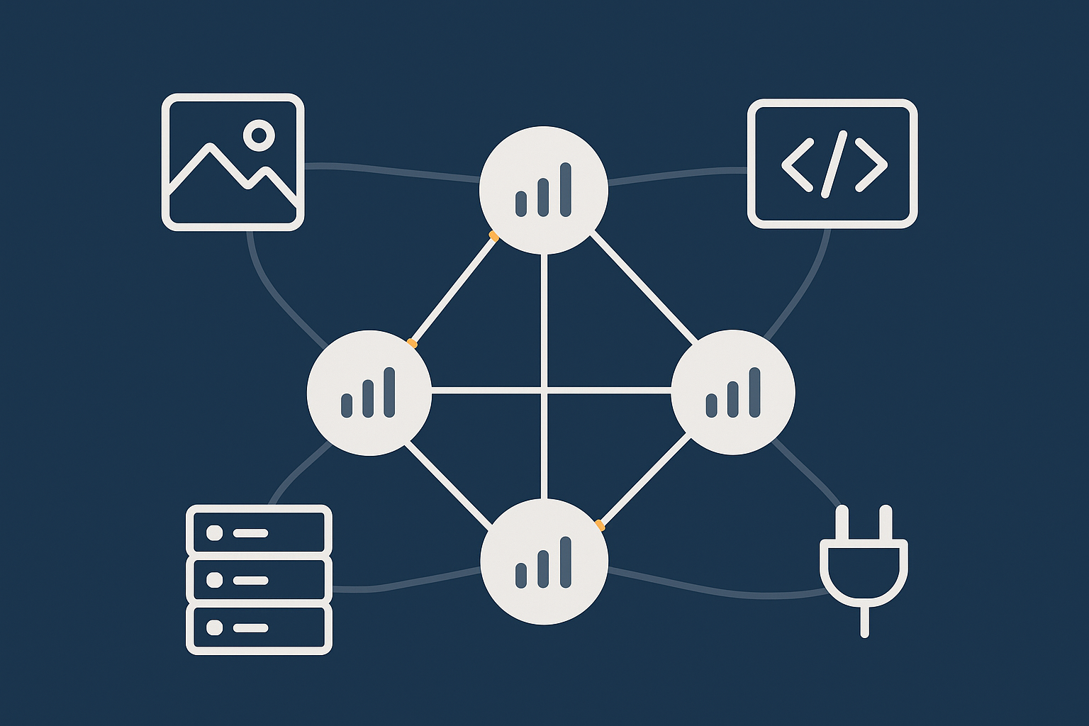 An abstract visual that links Core Web Vitals metrics to common WordPress causes such as images, scripts, hosting and theme complexity.