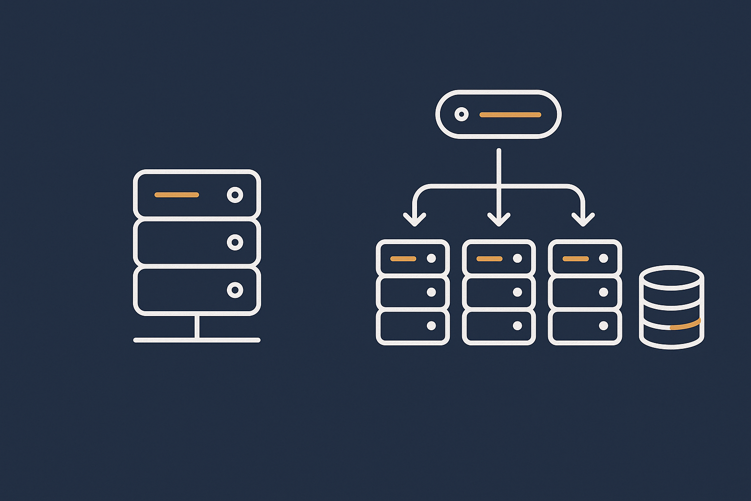 Side by side abstract diagrams showing a single server handling all roles compared with a separated web and database tier behind a load balancer, to make architecture choices more tangible.