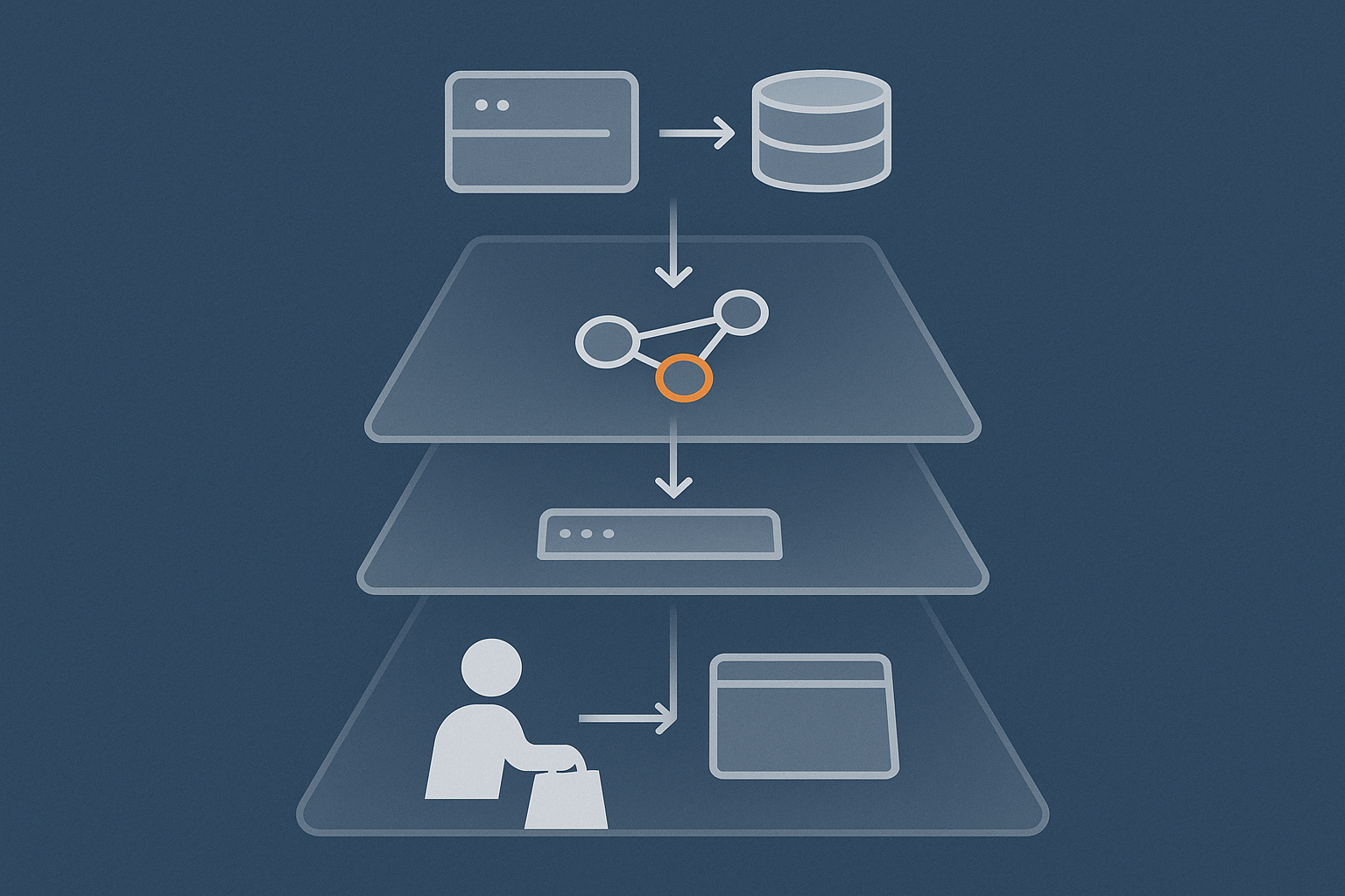 A layered diagram showing a shopper, an edge cache / acceleration layer, and the origin WooCommerce server, to illustrate how safe caching fits around dynamic carts and pricing.