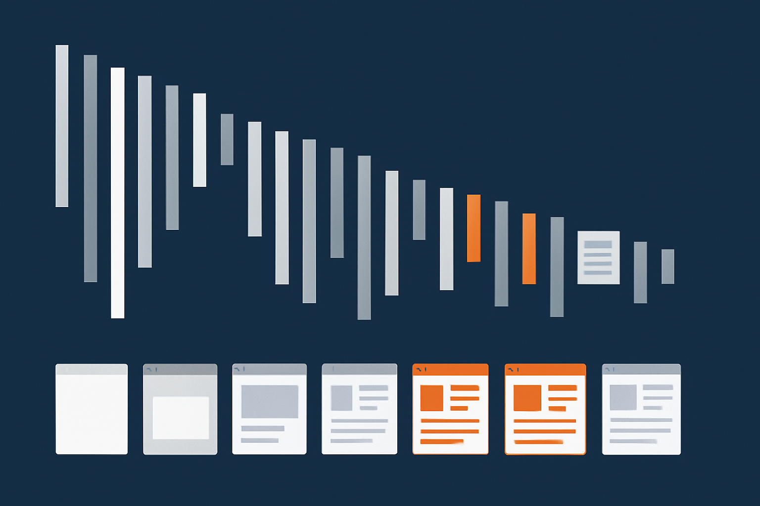 An abstract representation of a web performance waterfall chart and filmstrip, helping readers picture how resources load over time and how layout shifts appear.