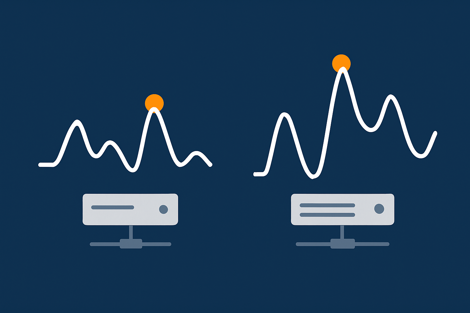 Stylised server resource graphs showing CPU and RAM usage for a simple Gutenberg site versus a heavy page builder site under load.
