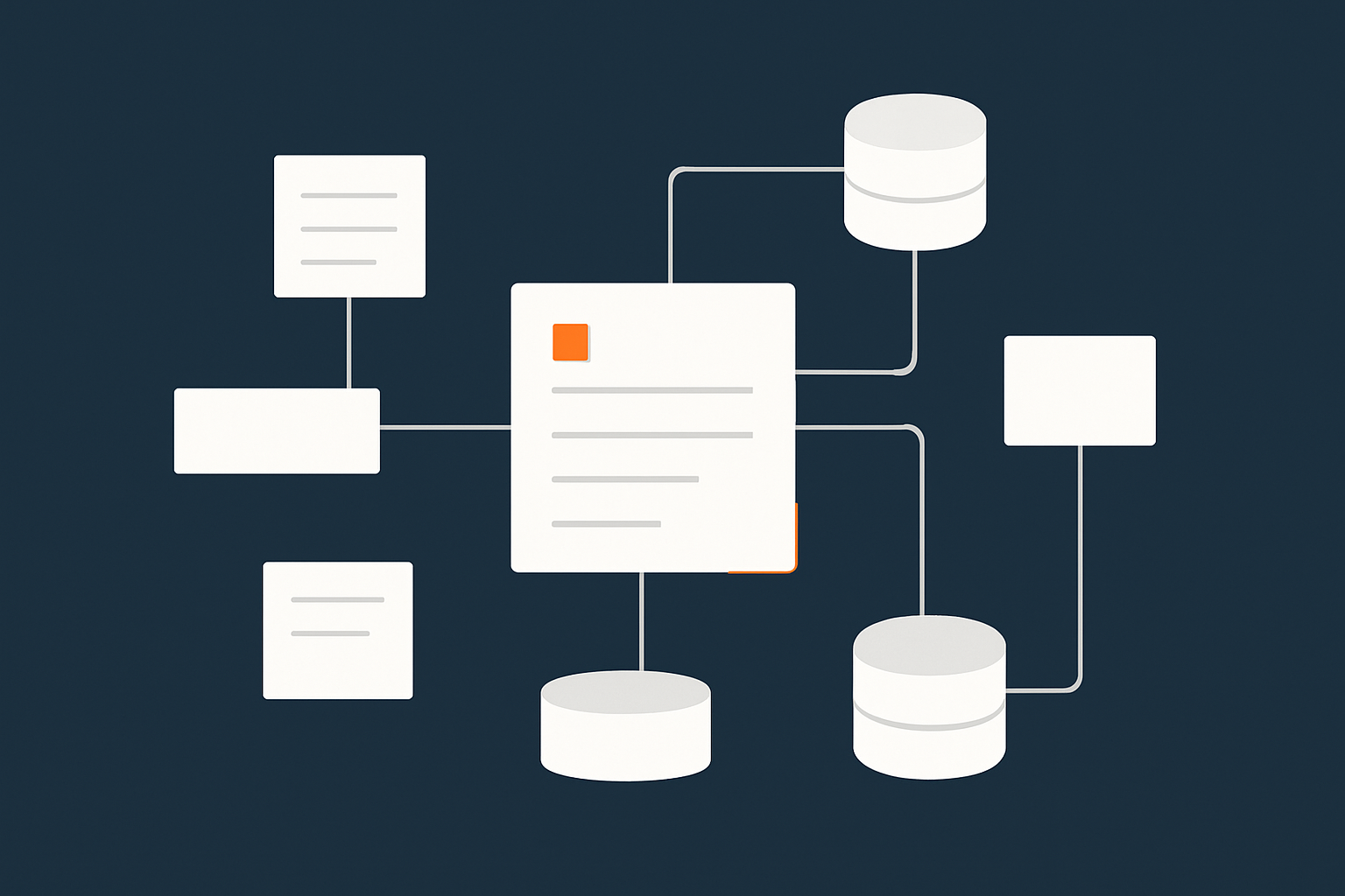 An abstract visual of how WooCommerce stores orders across multiple tables, helping readers grasp why reports and order lists can become expensive queries.