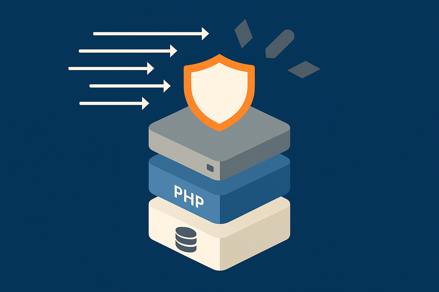 A layered illustration of a WordPress hosting stack showing the G7 Acceleration Network blocking bad bots before they reach PHP and the database.
