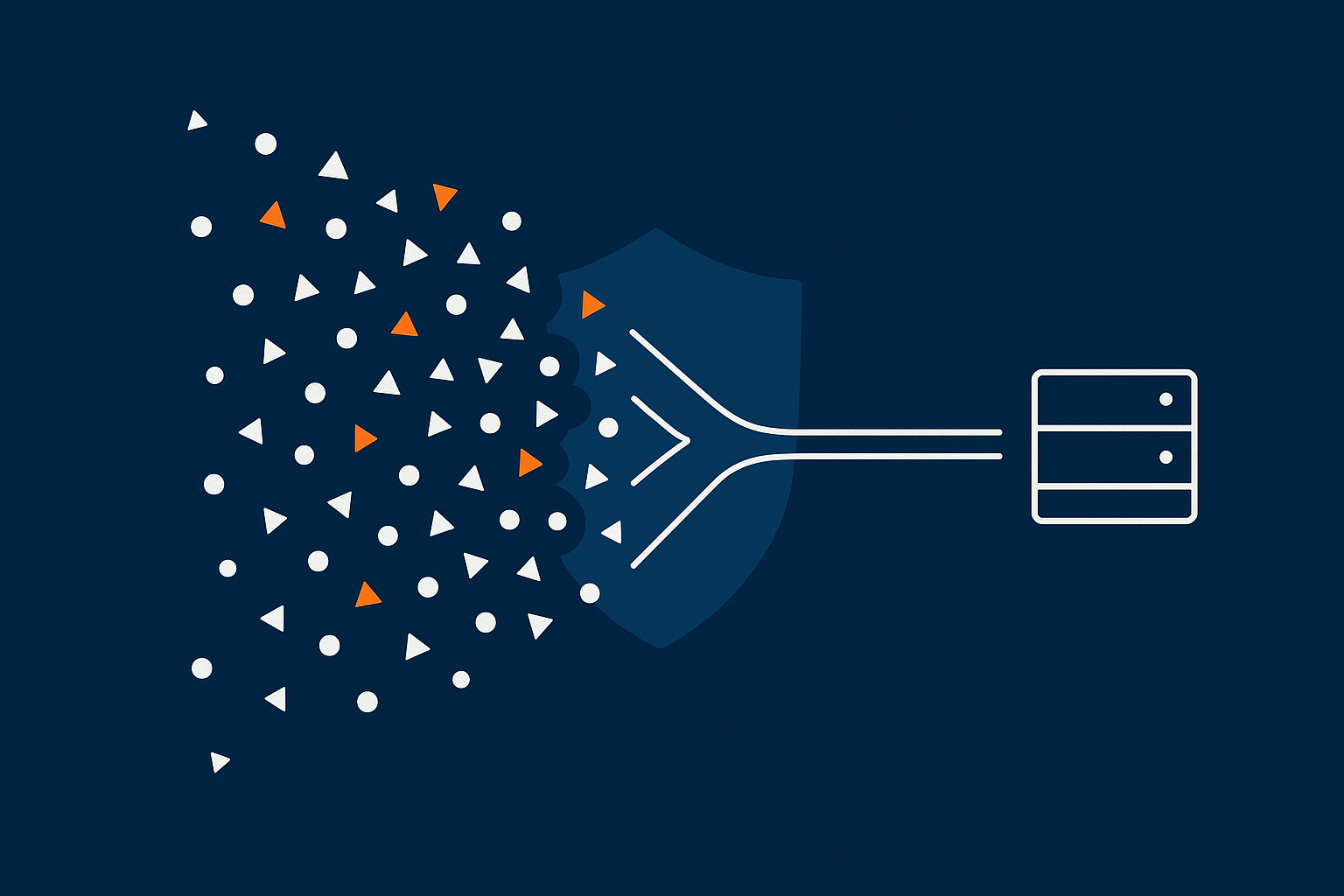 An illustration showing a protective network layer filtering noisy bot traffic so that only clean, real customer traffic reaches the WooCommerce server.