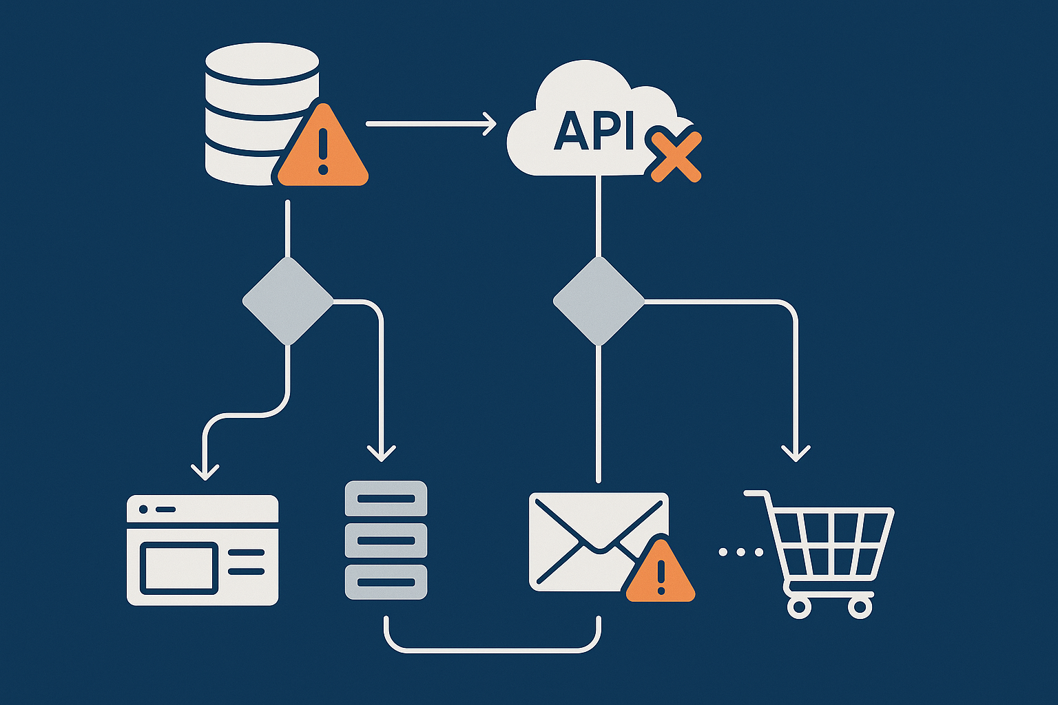 A flow style diagram that shows different failure events, such as database trouble, third party API failure or email outage, each leading to a clear degraded behaviour rather than a hard error.