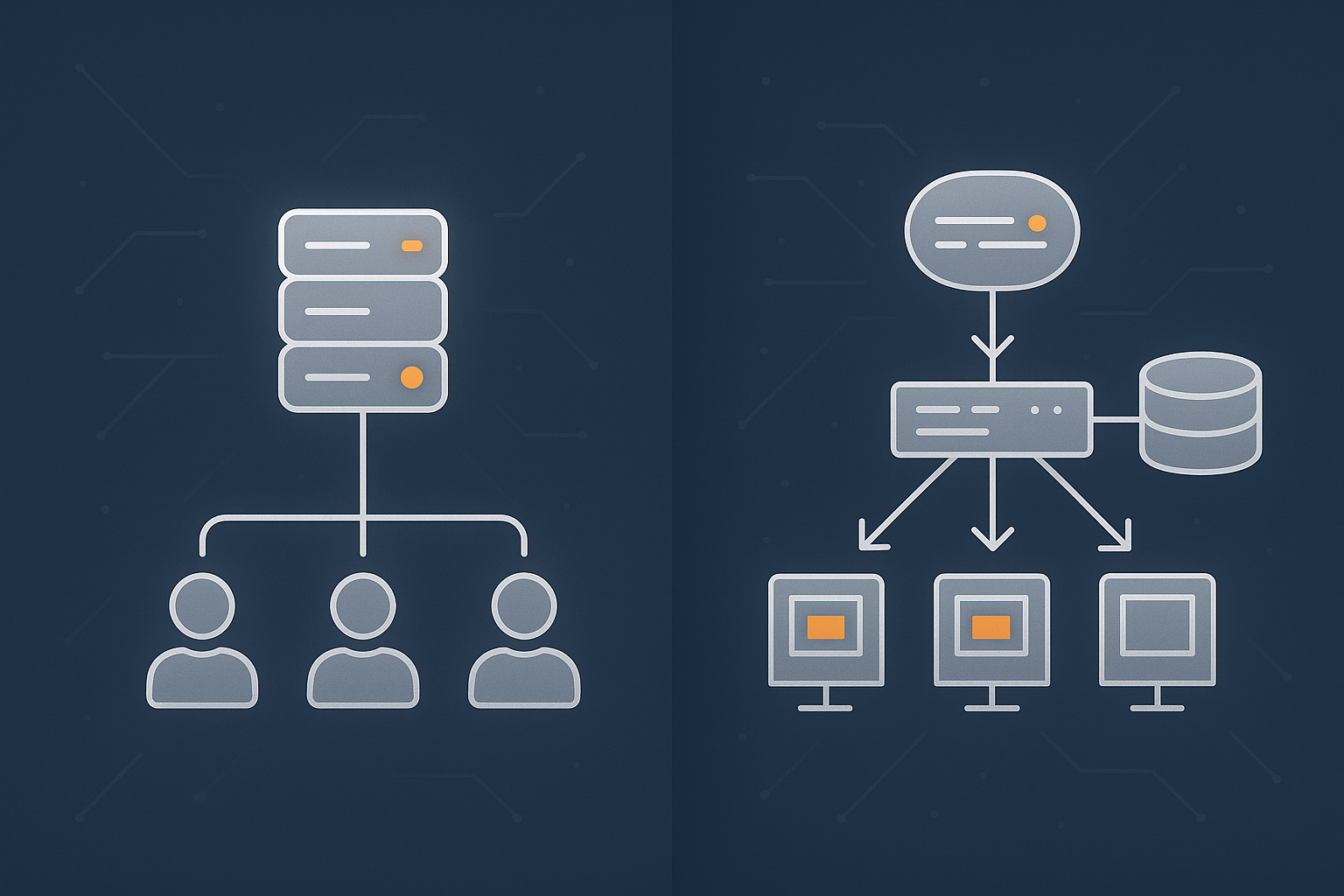 Side by side comparison of a single server handling everything versus a multi server layout with load balancer, web nodes and a database server, highlighting how traffic can be rerouted in degraded conditions.