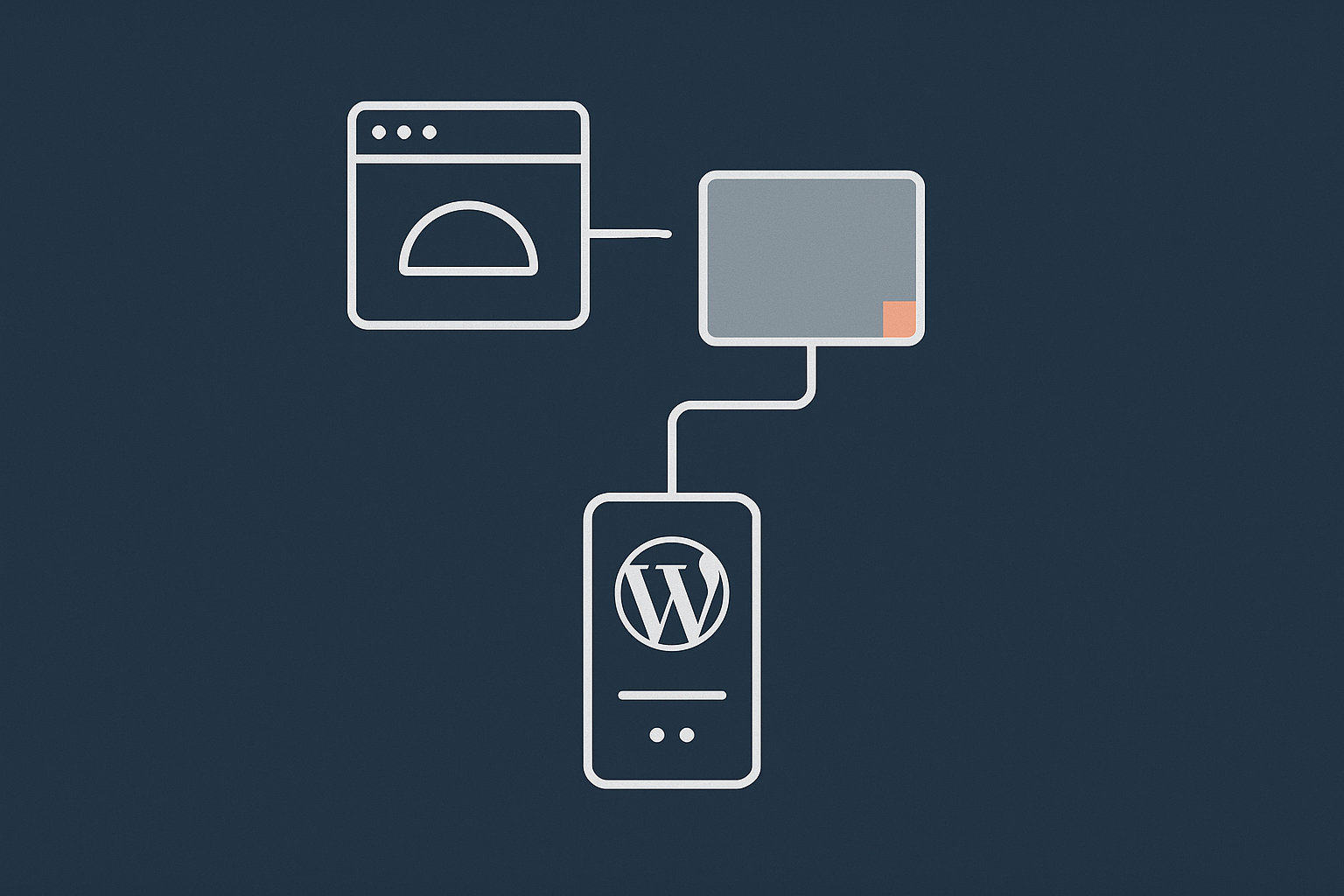 An abstract diagram showing a visitor hitting a very lightweight static holding page in front of a WordPress backend that only logged‑in users or specific IPs can access.