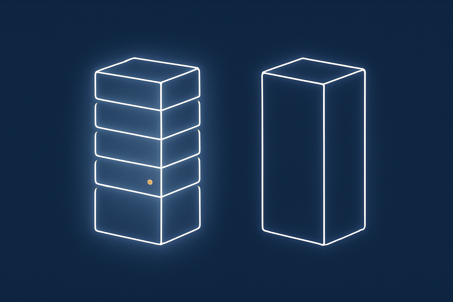 Side by side abstract illustration comparing a VPS slice on a larger host with a full dedicated server, to clarify the difference between sharing a machine and having the whole thing.