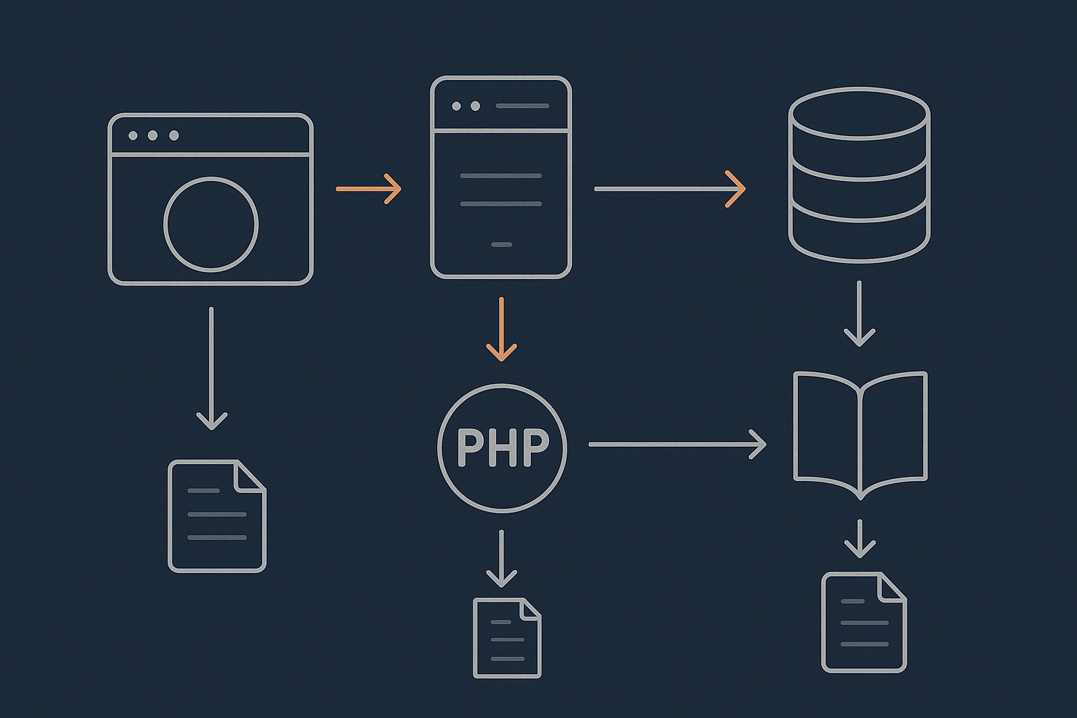 A simple diagram showing how requests hit the web server, which talks to PHP and the database, with each component sending messages into different log files and the systemd journal.