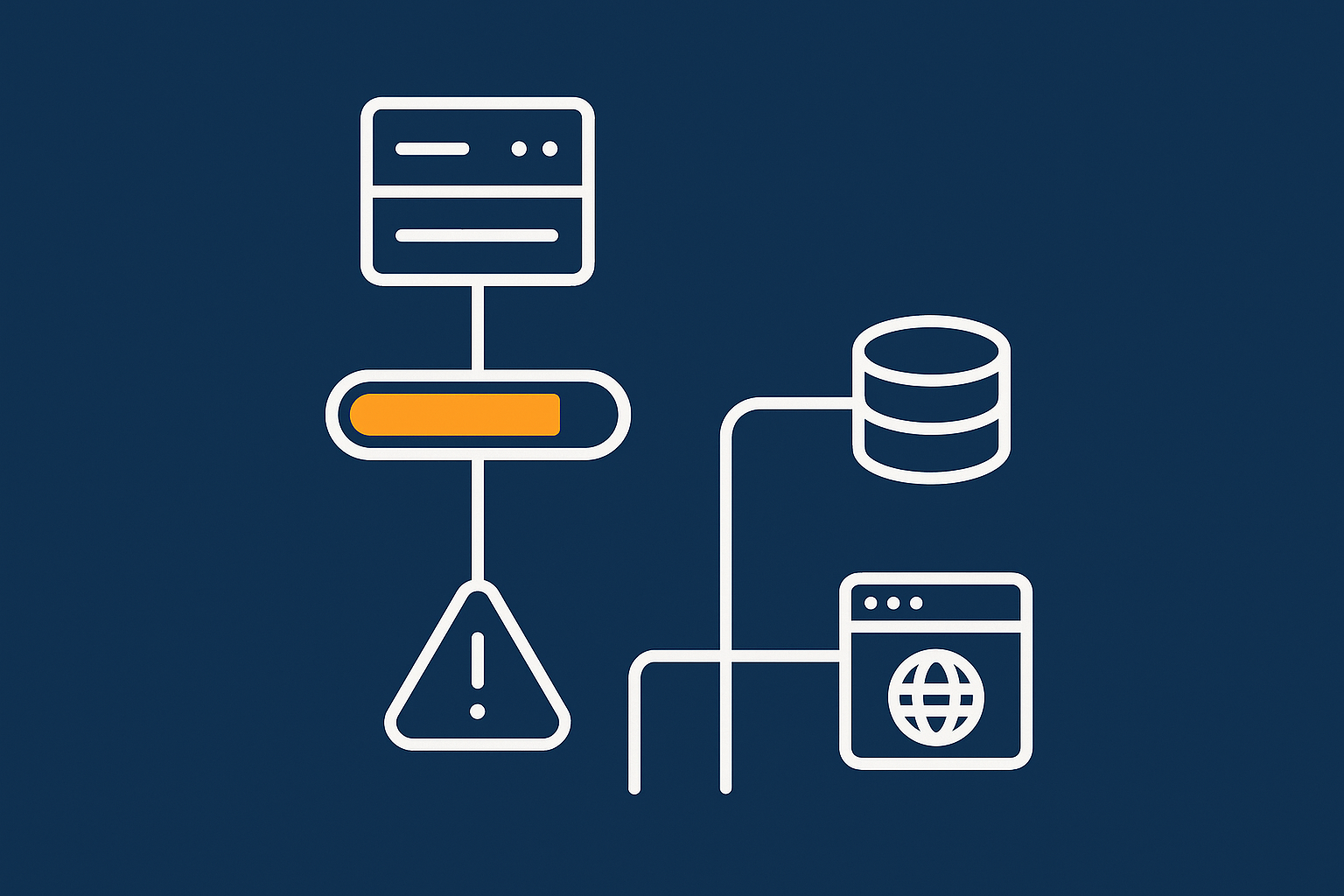 A flow style illustration showing a server disk filling up and the resulting symptoms, such as logs failing, database errors and website errors, to visually connect full disk with real‑world effects.