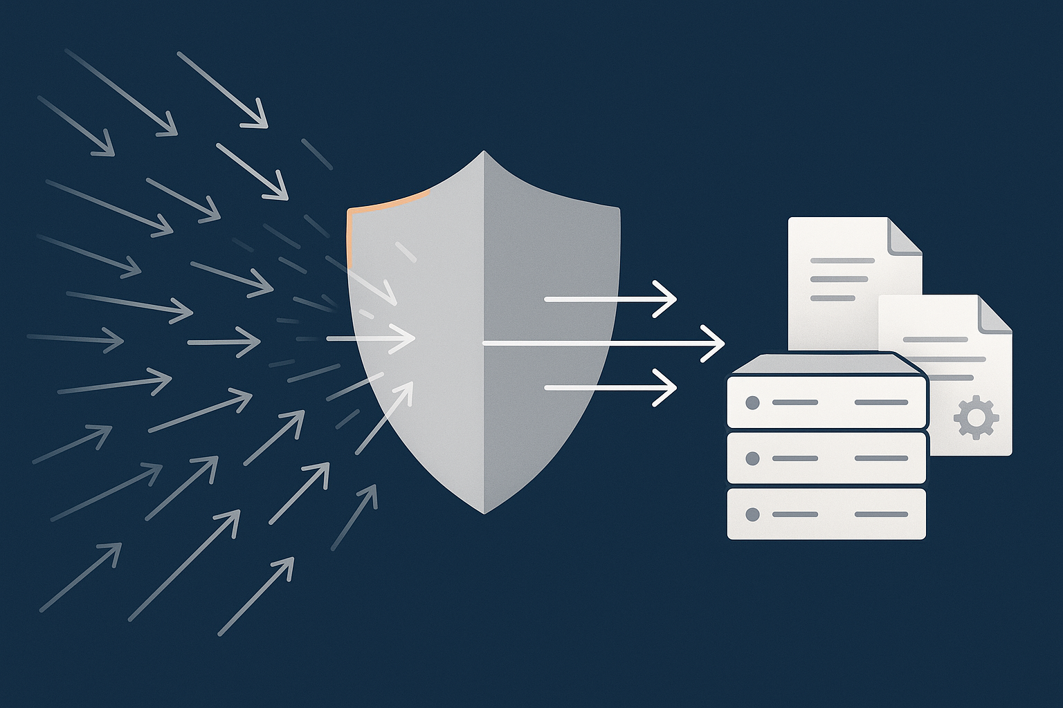 Visual comparison of heavy noisy traffic with many small arrows being filtered at a protective layer, with only a few clean arrows reaching the server and its log files, to convey how filtering bad bots reduces log noise and server load.