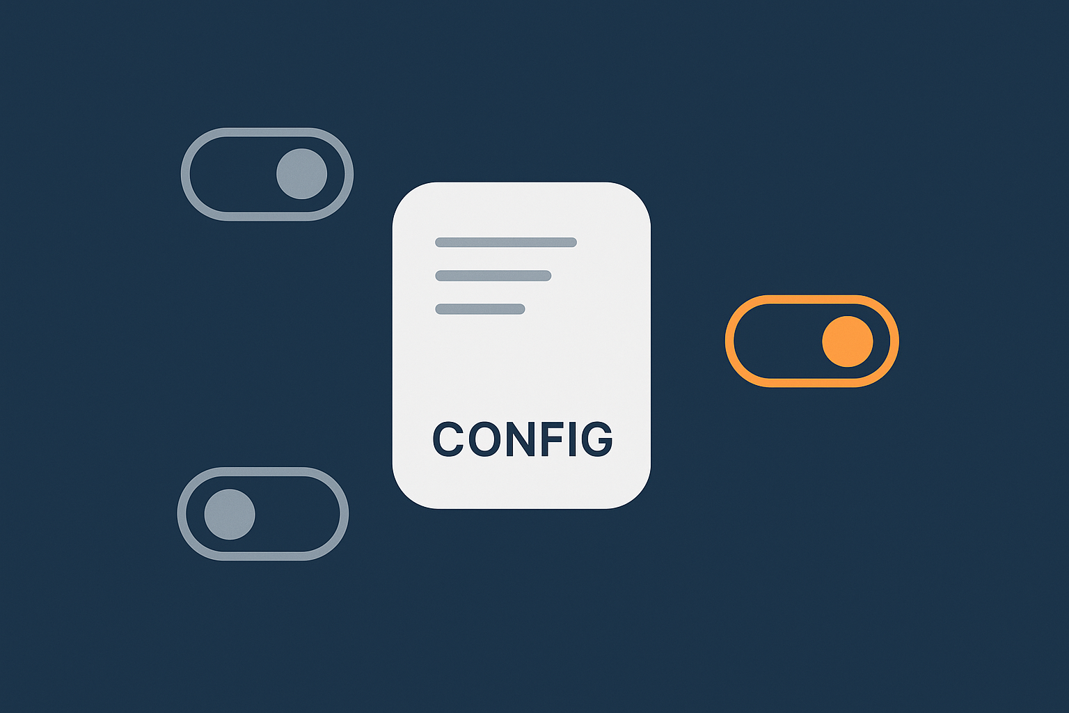 An abstract visual showing wp-config.php as a central element with toggles or switches representing WP_DEBUG, WP_DEBUG_LOG, and WP_DEBUG_DISPLAY, indicating a safe production configuration.