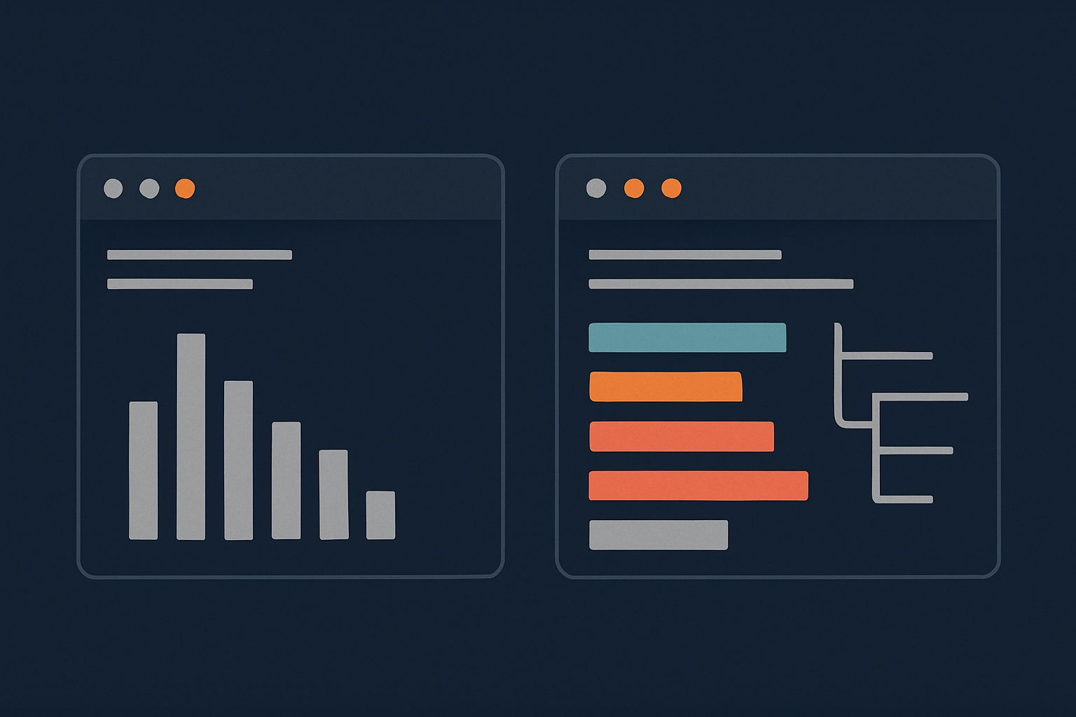 A side‑by‑side abstract representation of top and htop views, highlighting CPU and memory bars and process lists, to make the difference between them intuitive.