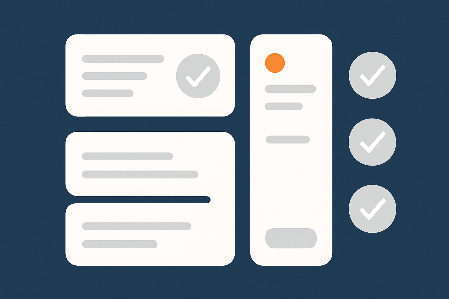 Conceptual checklist graphic illustrating different aspects to test after migration, such as front‑end pages, checkout, emails and admin, without using words.