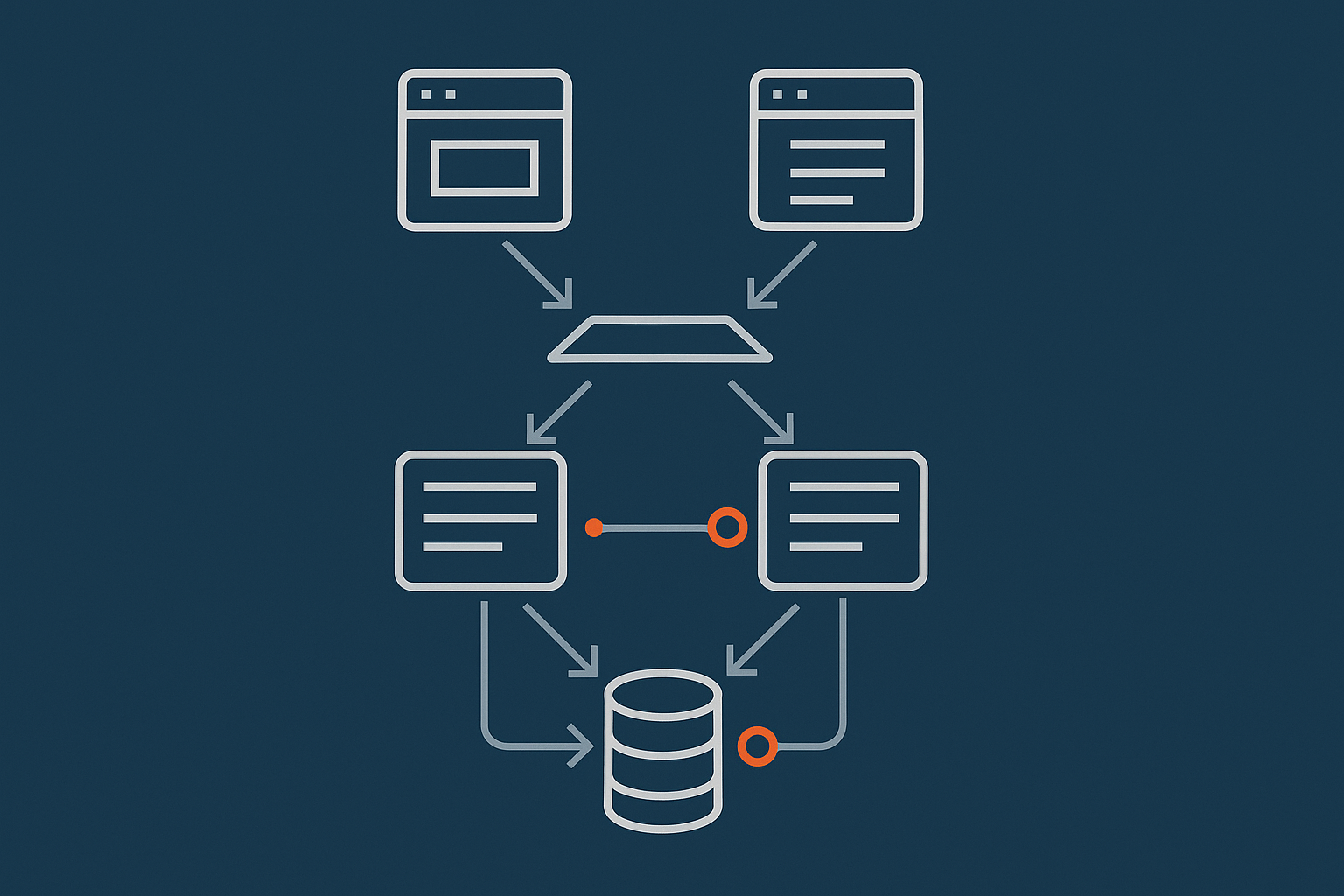An abstract architecture view showing duplicate nodes in the web and app tiers, a primary and secondary database, and high‑level arrows indicating failover paths.