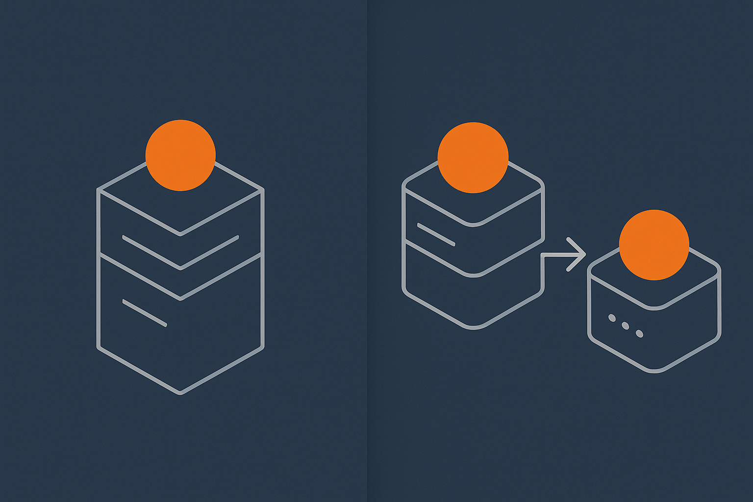 A before/after style graphic comparing a single all‑in‑one server with a slightly more advanced layout where the database has been moved to its own server.