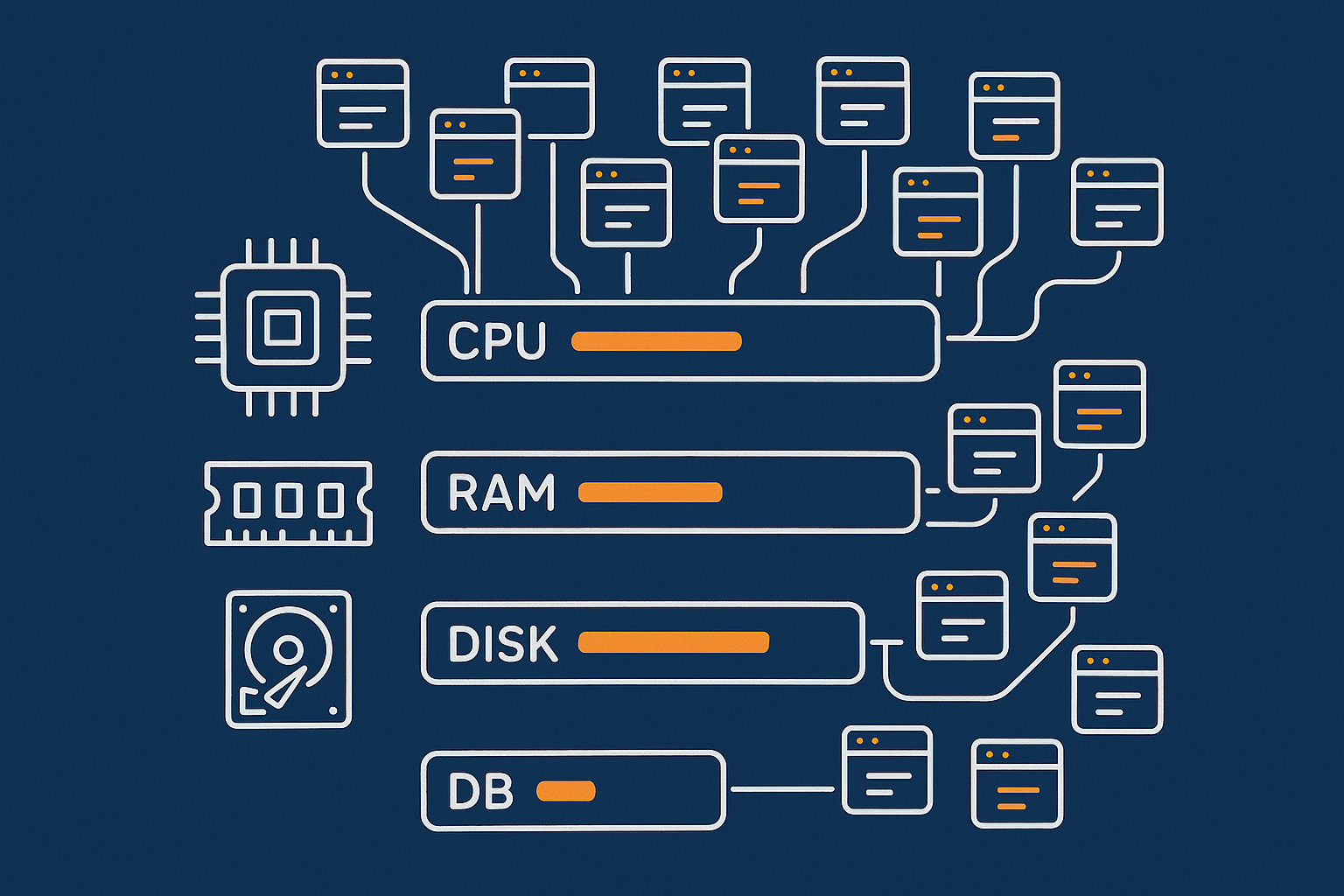 A visual metaphor of shared server resources, showing CPU, RAM, disk and database as capacity bars being shared between multiple sites.