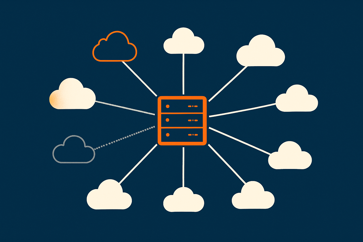 Abstract network map of a data centre connected to multiple upstream carriers using BGP, illustrating how traffic can reroute around a failure.