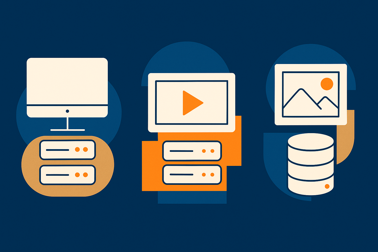 Abstract visual showing three approaches side by side: local media only, local media with CDN, and external object storage with CDN.