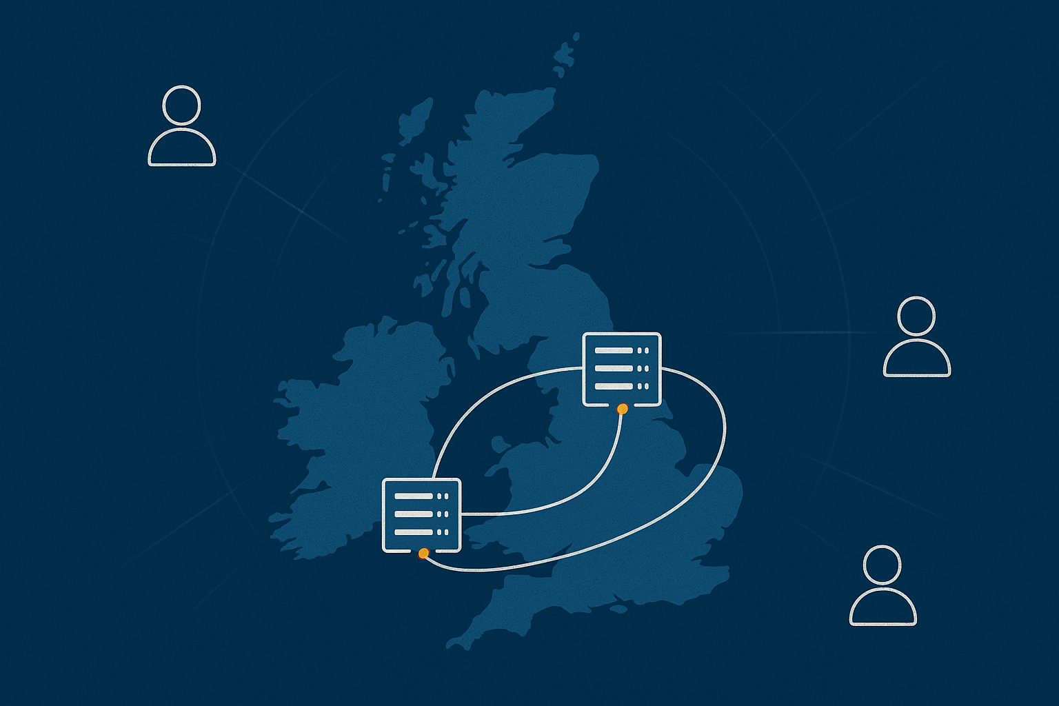 A stylised UK map indicating two data centre locations and connectivity paths to illustrate latency considerations and dual‑site resilience.