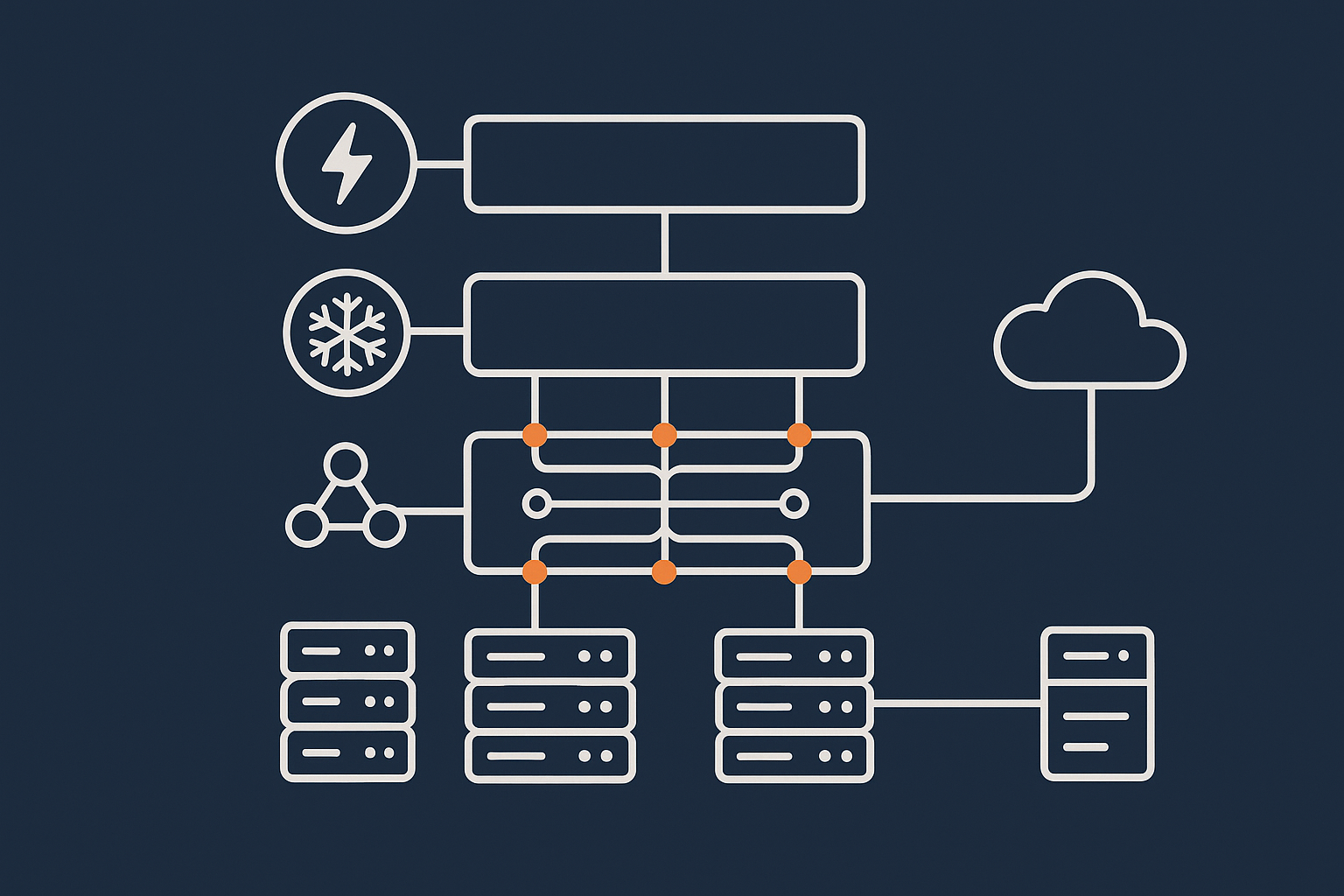 A layered diagram showing power, cooling, network and server/application layers, highlighting how redundancy at the data centre or cloud level supports reliability compared with a single office server room.