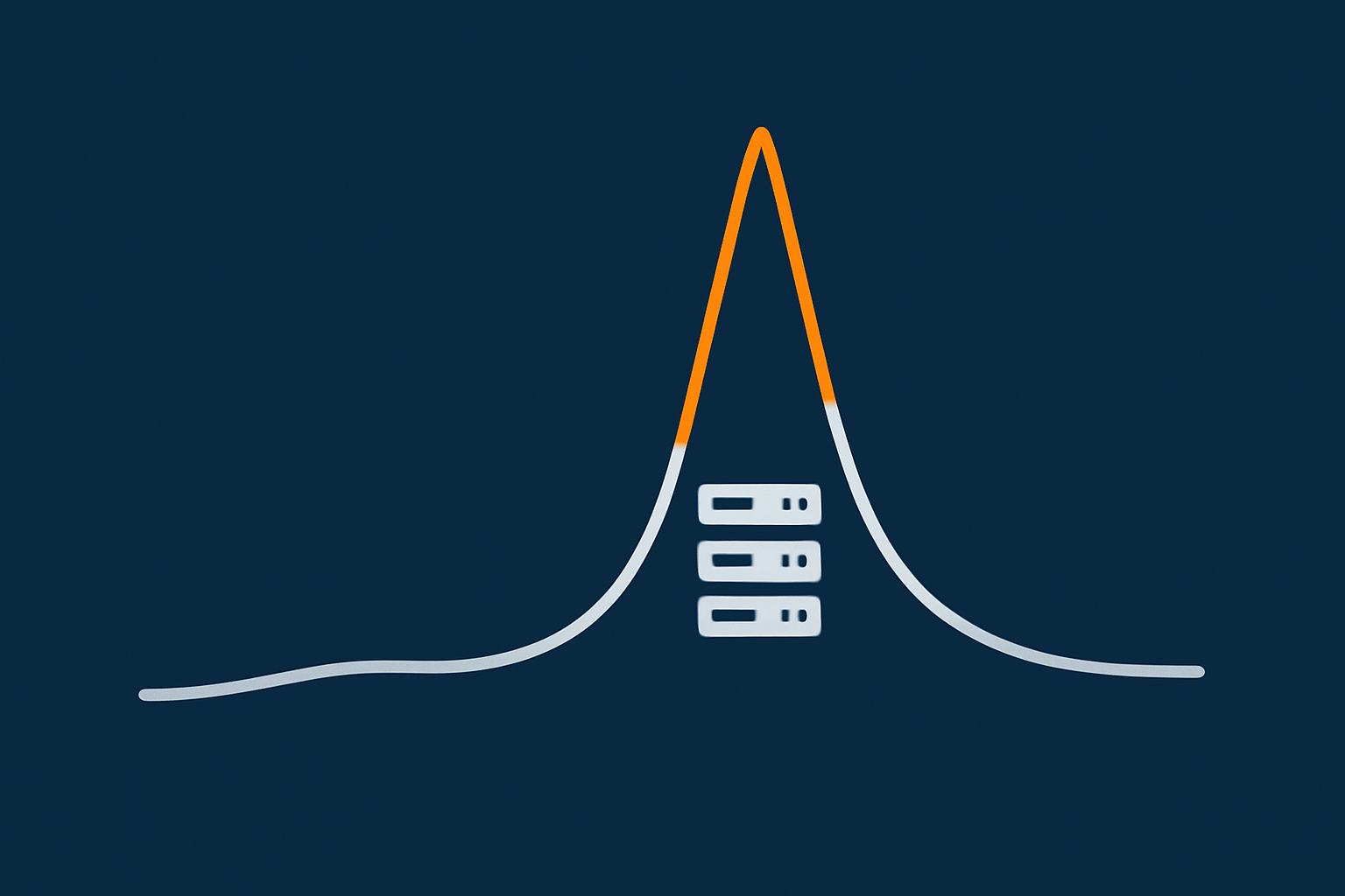 A conceptual graphic showing a normal traffic level versus a sharp peak during a sale, with annotations implied by shapes to show planned capacity vs overload.
