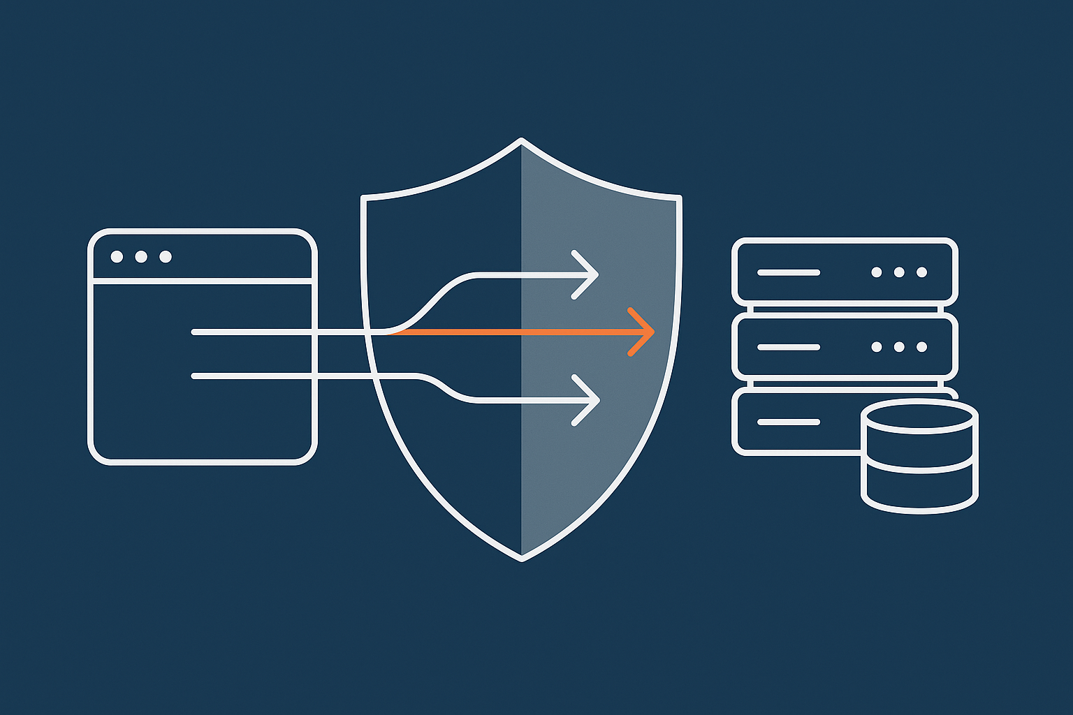 A simplified flow diagram of a WooCommerce request passing through an acceleration layer (cache, bot filter, image optimiser) before reaching the origin server and database.