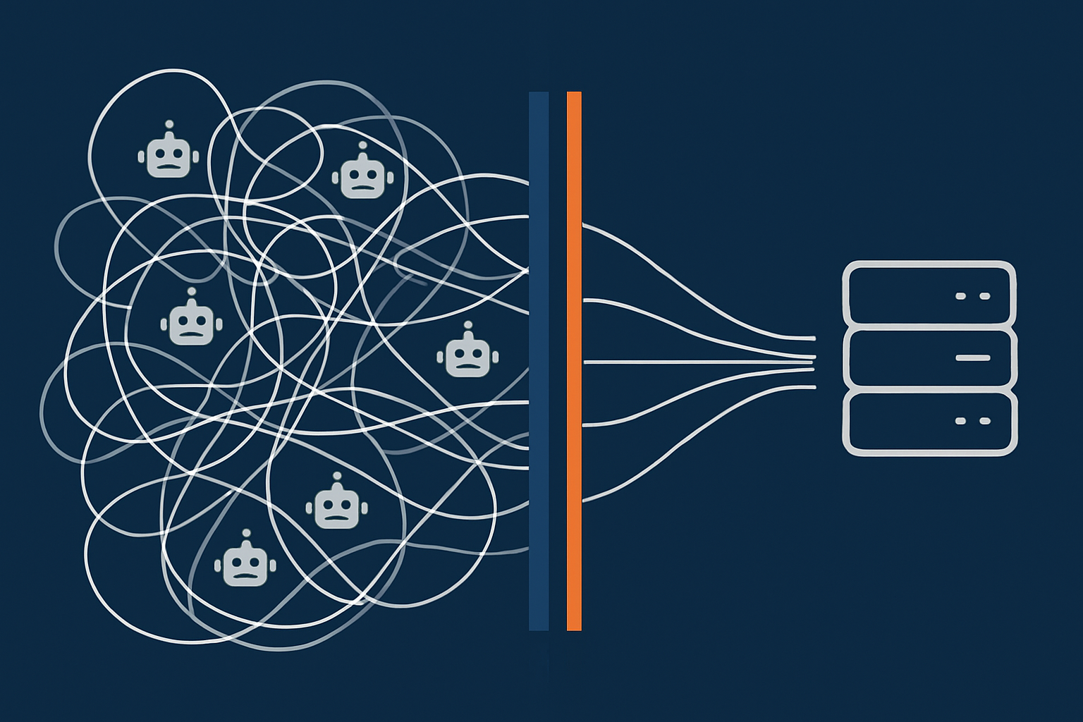 A comparison-style visual showing many spiky, chaotic bot connections being filtered at a network edge, with only a small stream of clean, legitimate requests reaching the WordPress/PHP stack.