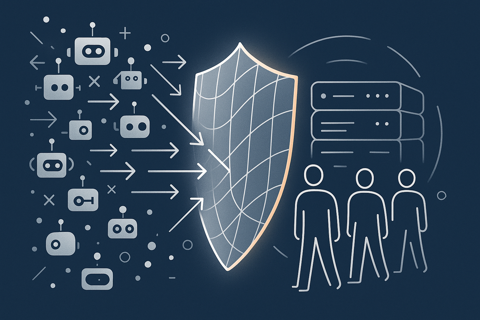 An abstract illustration of many small bot shapes being blocked by a protective network layer in front of a WordPress server, with only a few legitimate user icons passing through.